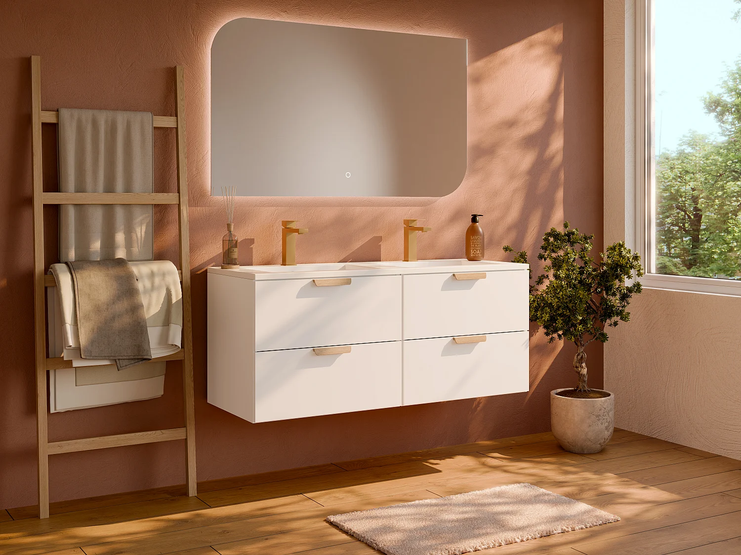 Meuble de salle de bain suspendu avec vasque à encastrer et robinet – Blanc – L120 cm – AVORELI