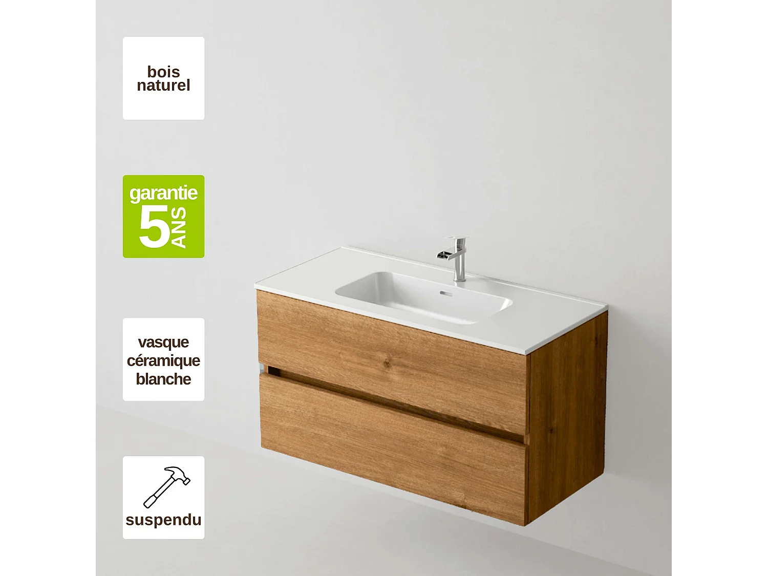 Meuble salle de bain suspendu 80 cm chêne naturel avec vasque céramique blanche - 2 tiroirs - H54 x P45 cm - ICON NOFER