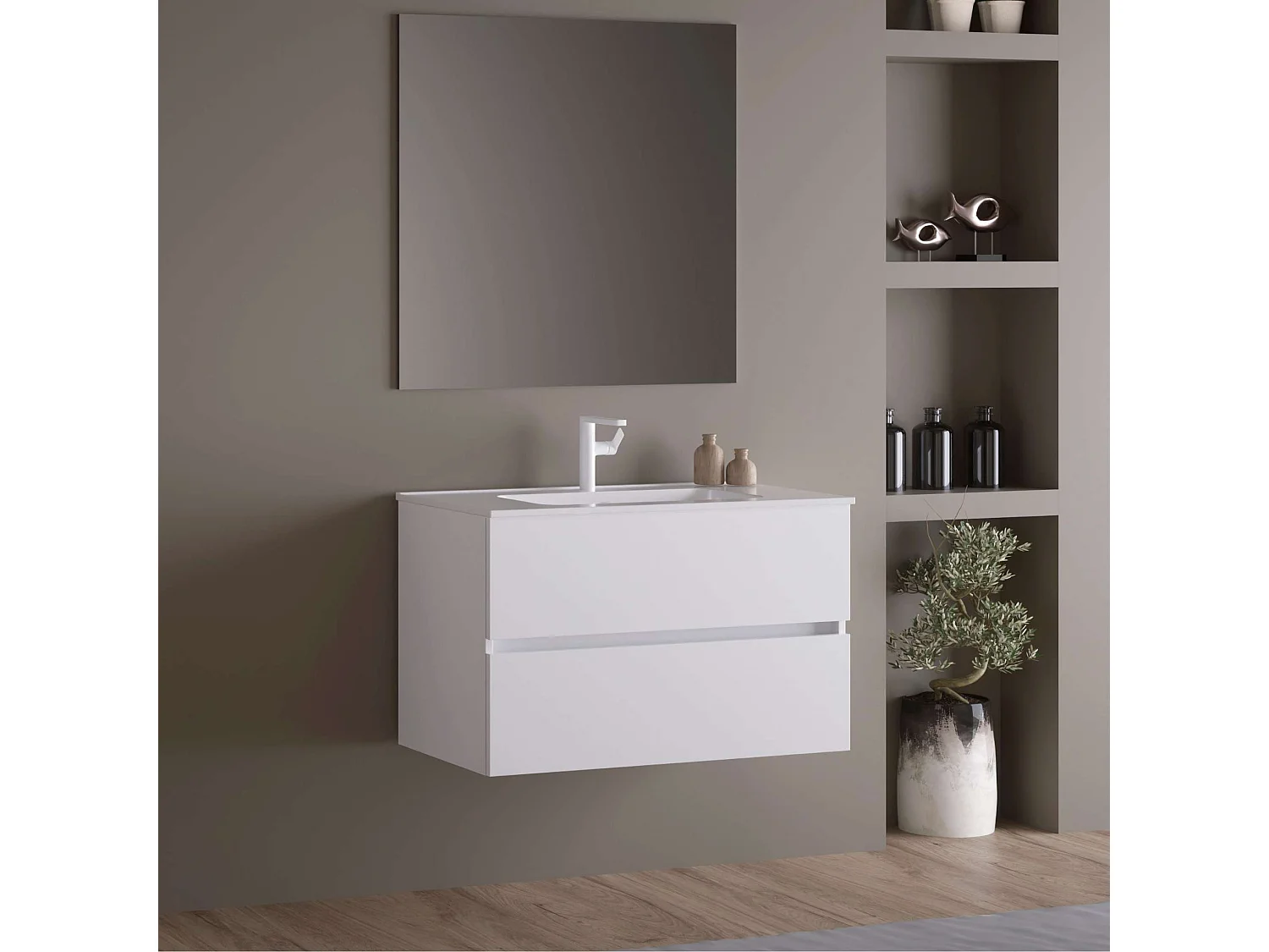 Meuble salle de bain suspendu 80 cm chêne naturel avec vasque céramique blanche - 2 tiroirs - H54 x P45 cm - ICON NOFER