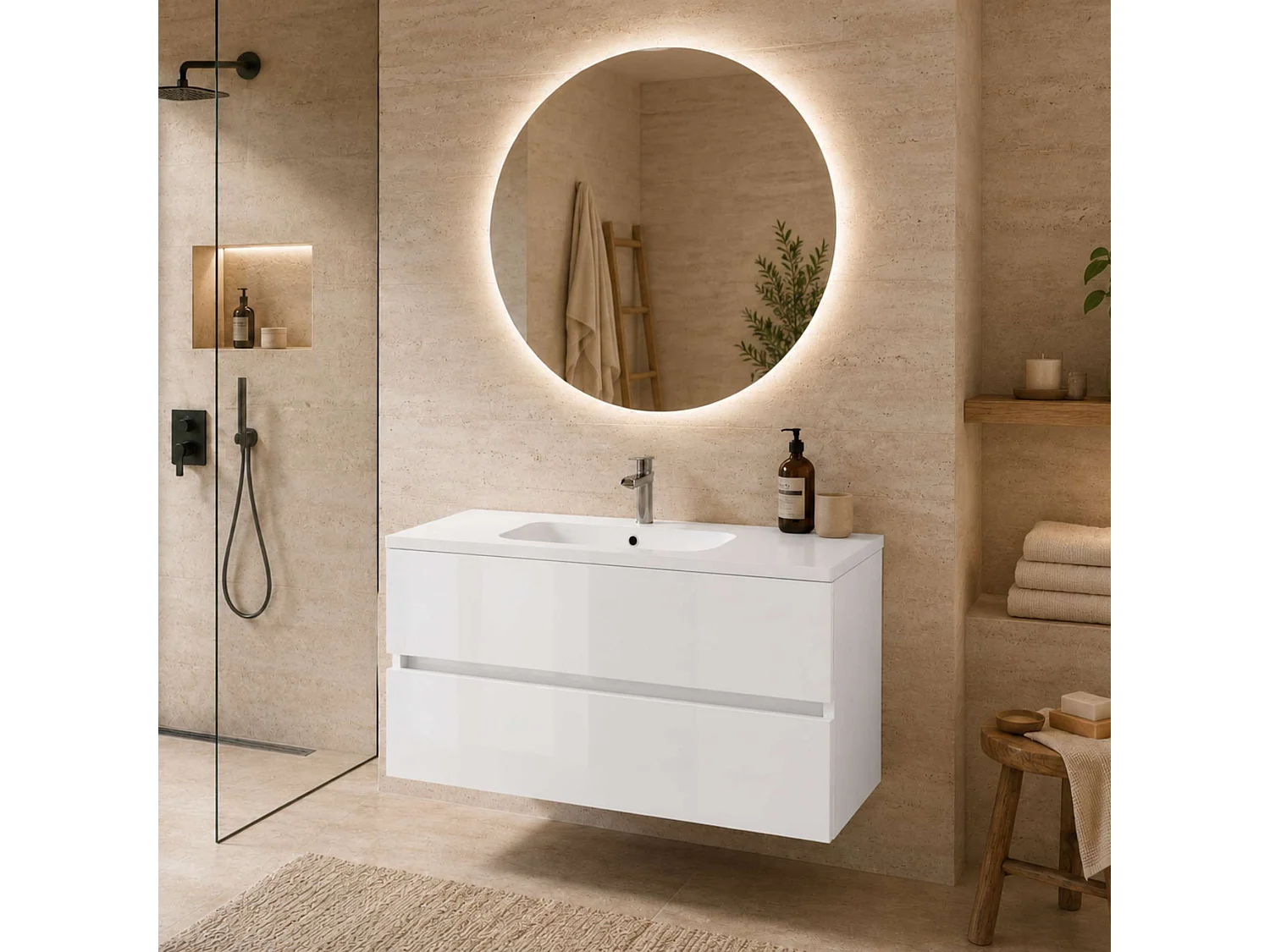 Meuble salle de bain suspendu 80 cm chêne naturel avec vasque céramique blanche - 2 tiroirs - H54 x P45 cm - ICON NOFER