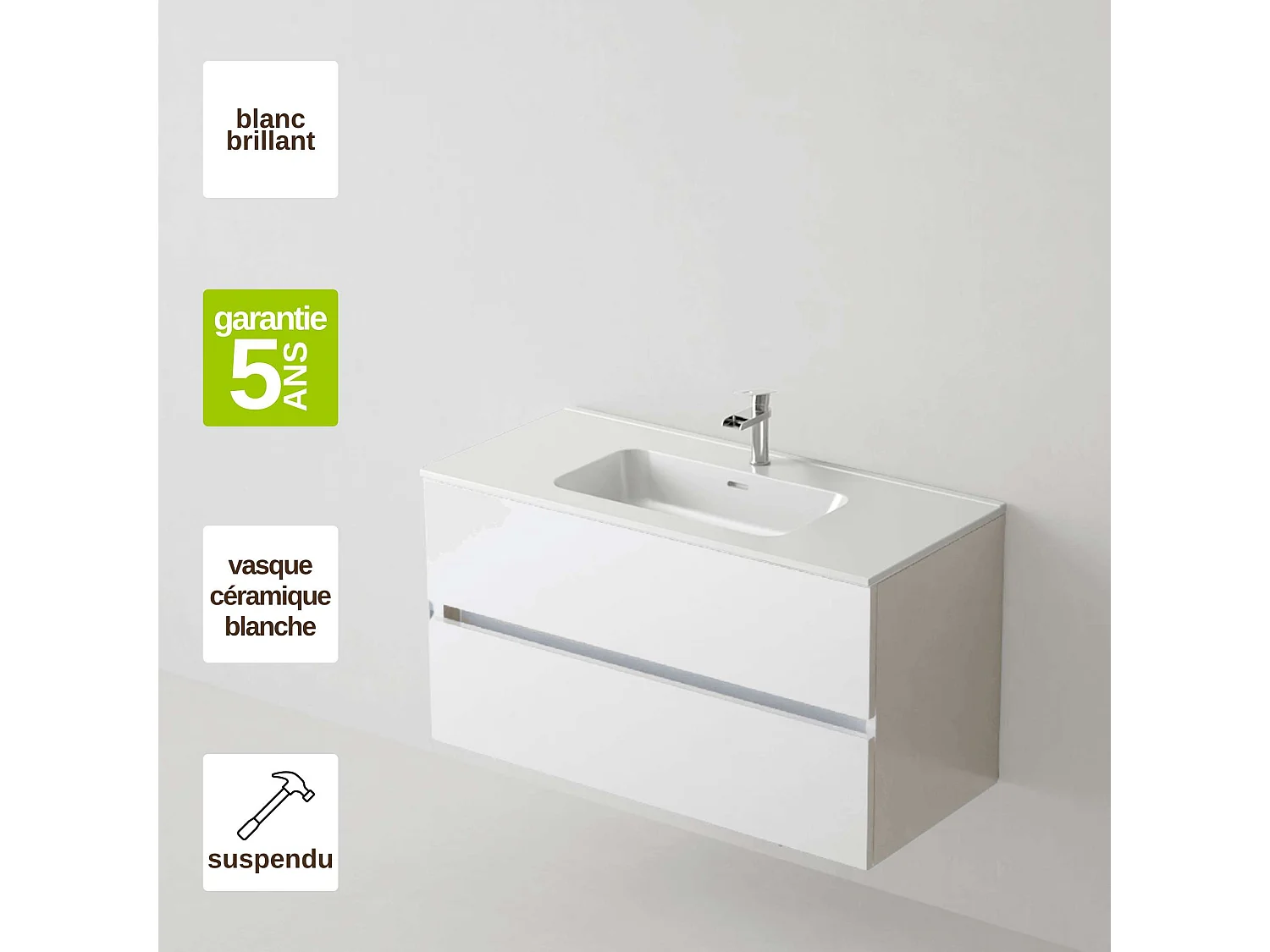 Meuble salle de bain suspendu 60 cm blanc brillantl avec vasque céramique blanche - 2 tiroirs - H54 x P45 cm - ICON NOFER