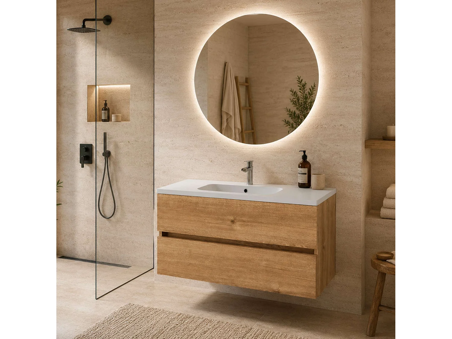 Meuble salle de bain suspendu 100 cm blanc brillantl avec vasque céramique blanche - 2 tiroirs - H54 x P45 cm - ICON NOFER
