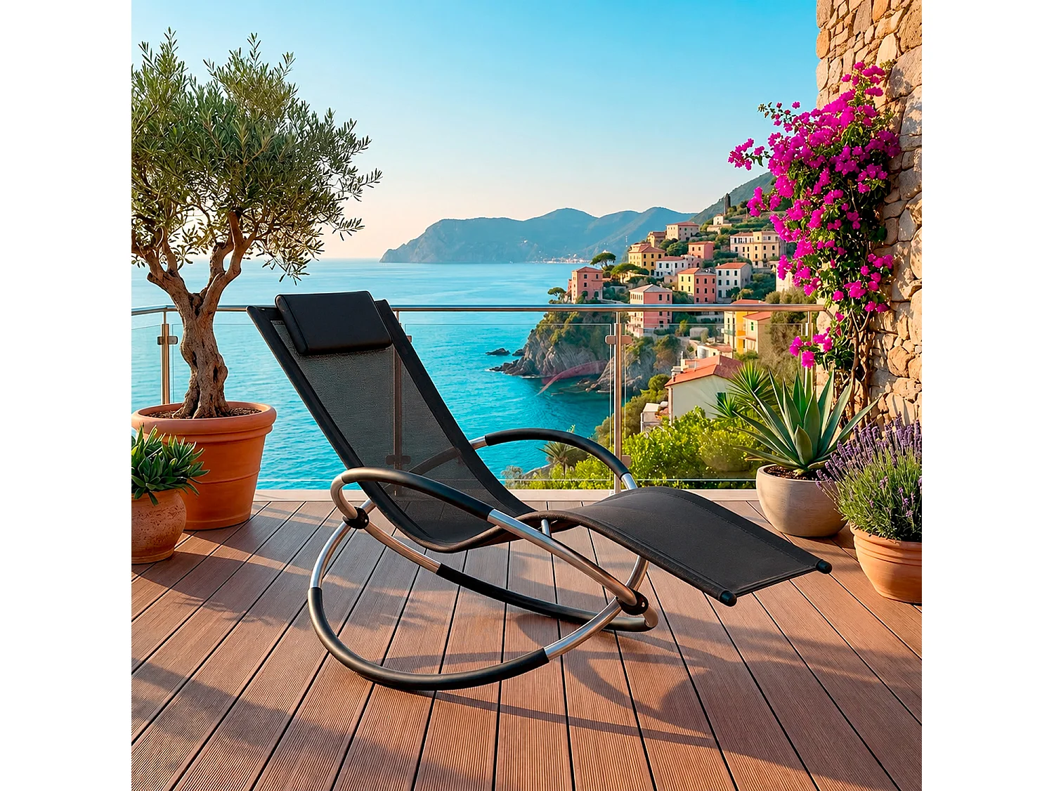 Poltrona Sdraio Basculante Poggiatesta Imbottito Removibile In Textilene Traspirante Struttura Ergonomica In Metallo Outdoor 73 x 150 x 93 Cm Nero
