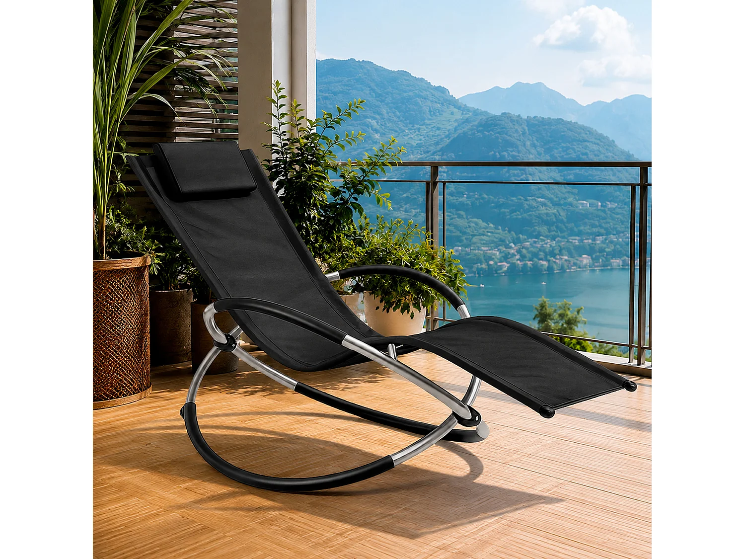 Poltrona Sdraio Basculante Poggiatesta Imbottito Removibile In Textilene Traspirante Struttura Ergonomica In Metallo Outdoor 73 x 150 x 93 Cm Nero