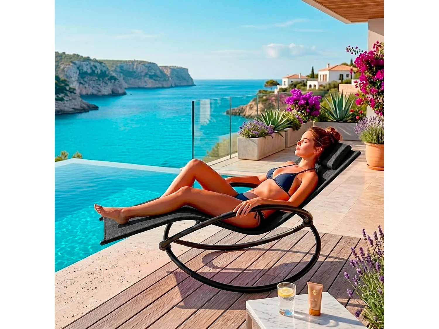 Poltrona Sdraio Basculante Poggiatesta Imbottito Removibile In Textilene Traspirante Struttura Ergonomica In Metallo Outdoor 73 x 150 x 93 Cm Nero