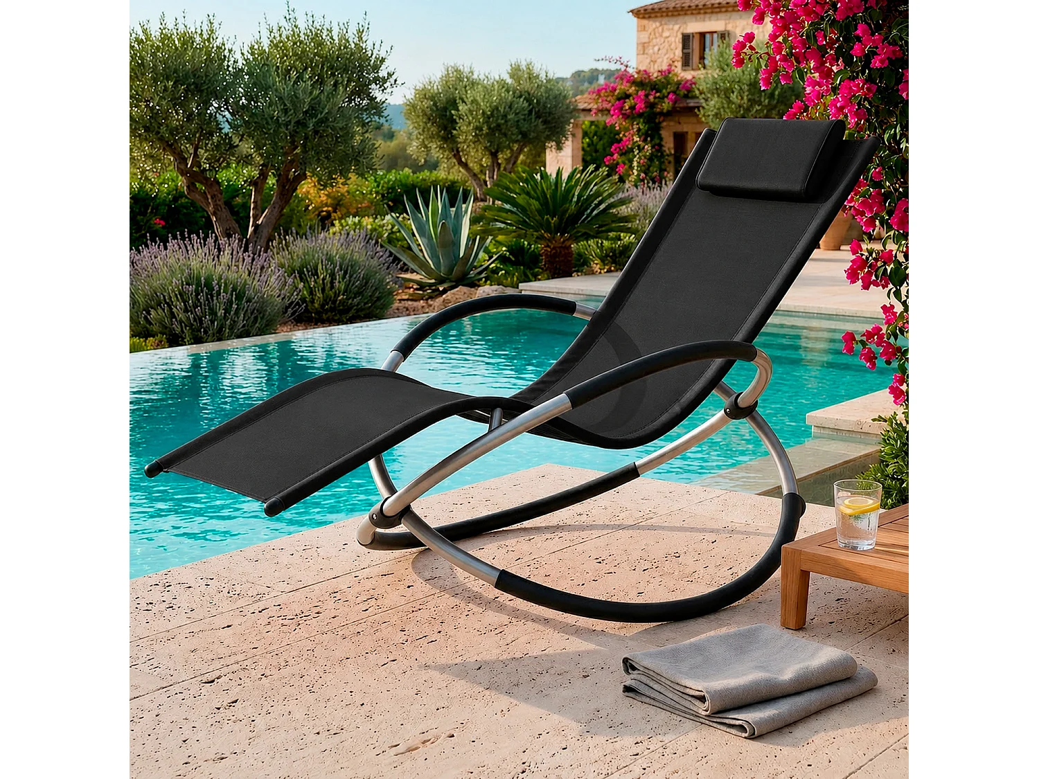 Poltrona Sdraio Basculante Poggiatesta Imbottito Removibile In Textilene Traspirante Struttura Ergonomica In Metallo Outdoor 73 x 150 x 93 Cm Nero