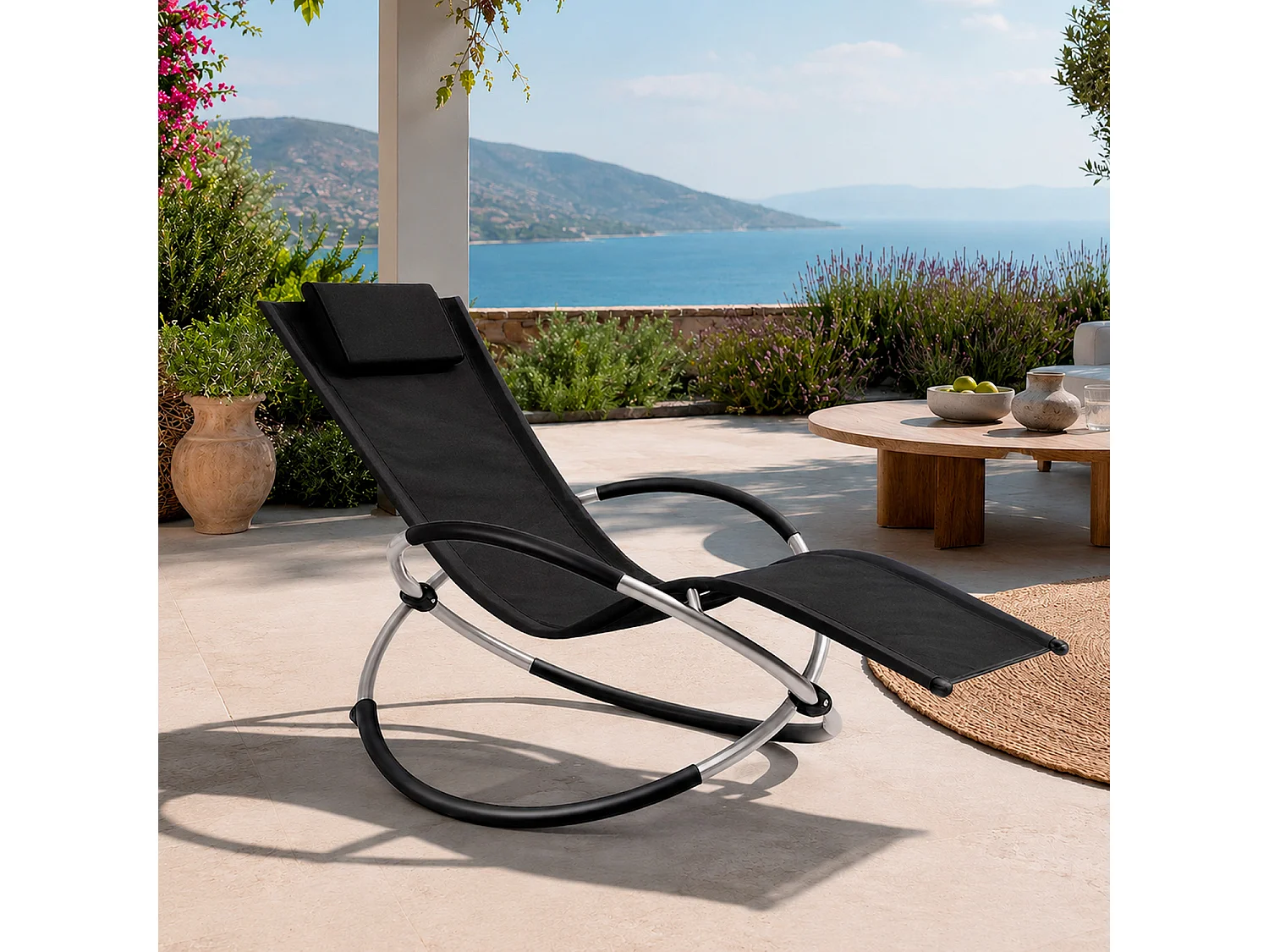 Poltrona Sdraio Basculante Poggiatesta Imbottito Removibile In Textilene Traspirante Struttura Ergonomica In Metallo Outdoor 73 x 150 x 93 Cm Nero
