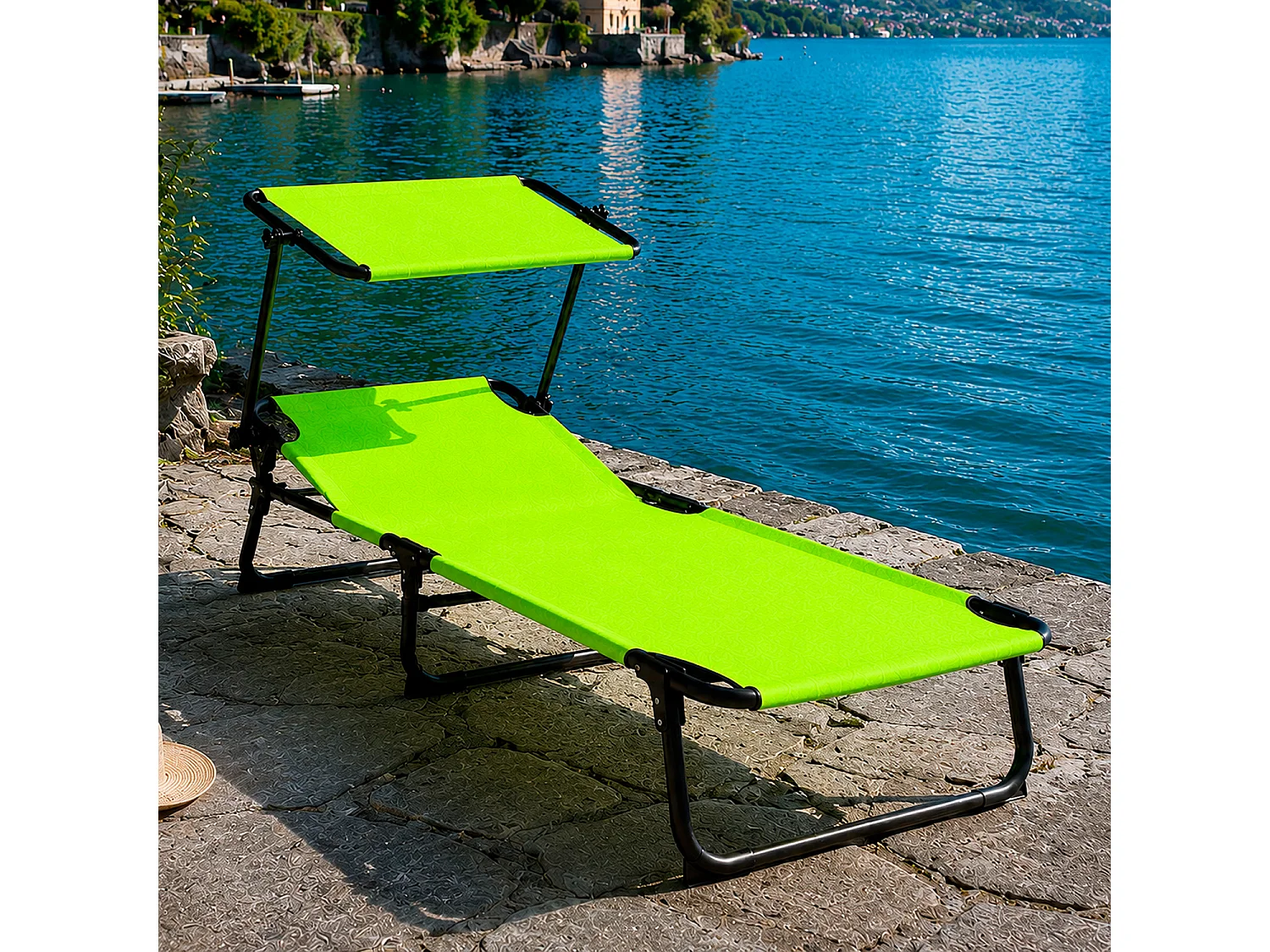 Coppia Di Lettini Mare Pieghevoli Con Parasole Regolabile Sdraio In Acciaio Traspirante Per Spiaggia Campeggio Giardino Relax 24 x 187 x 53 Cm Verde Fluo