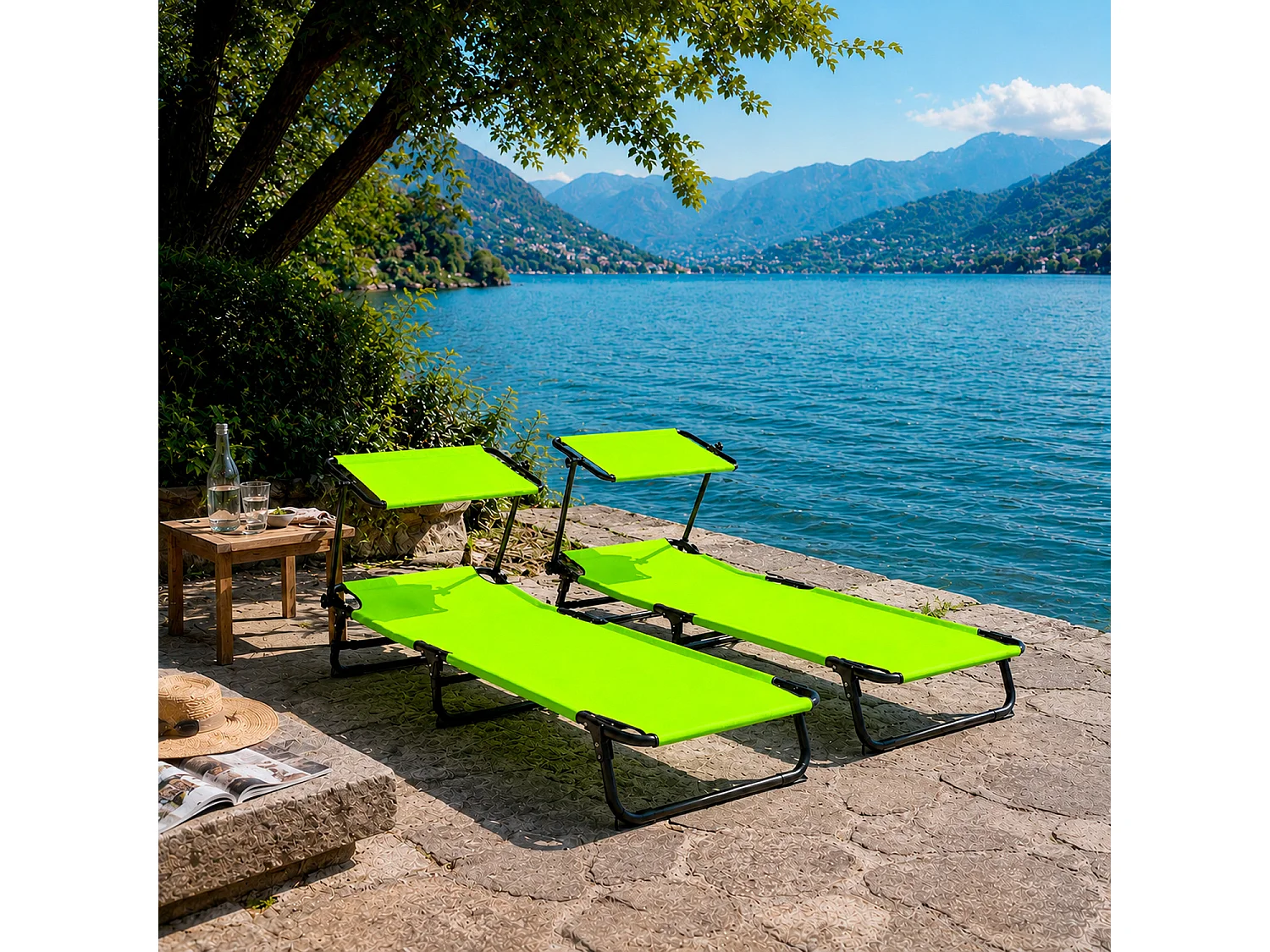 Coppia Di Lettini Mare Pieghevoli Con Parasole Regolabile Sdraio In Acciaio Traspirante Per Spiaggia Campeggio Giardino Relax 24 x 187 x 53 Cm Verde Fluo