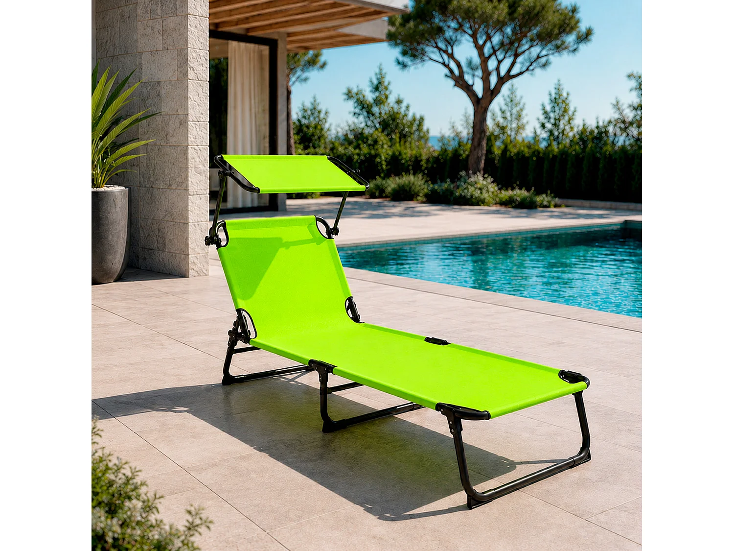 Coppia Di Lettini Mare Pieghevoli Con Parasole Regolabile Sdraio In Acciaio Traspirante Per Spiaggia Campeggio Giardino Relax 24 x 187 x 53 Cm Verde Fluo