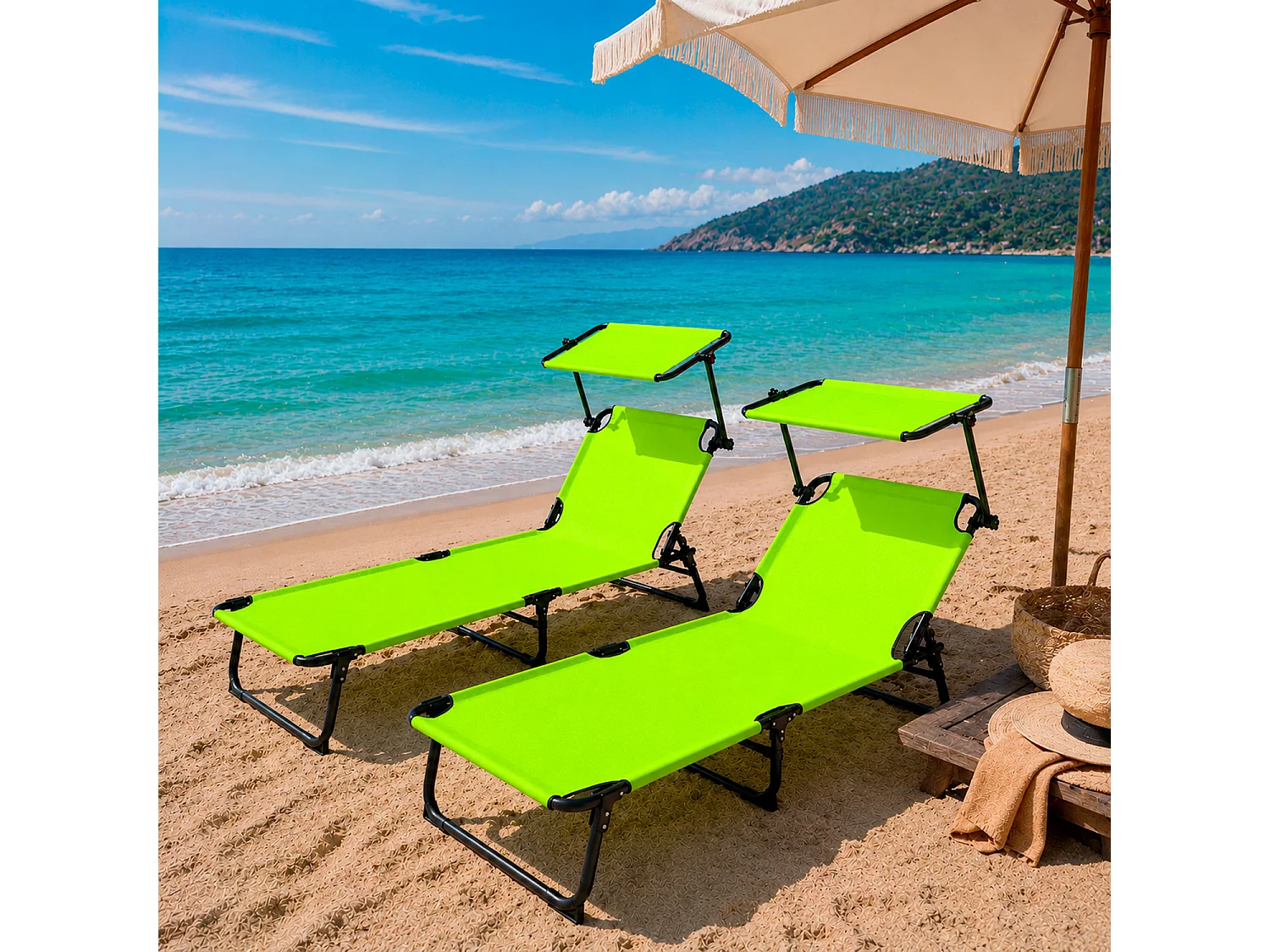 Coppia Di Lettini Mare Pieghevoli Con Parasole Regolabile Sdraio In Acciaio Traspirante Per Spiaggia Campeggio Giardino Relax 24 x 187 x 53 Cm Verde Fluo
