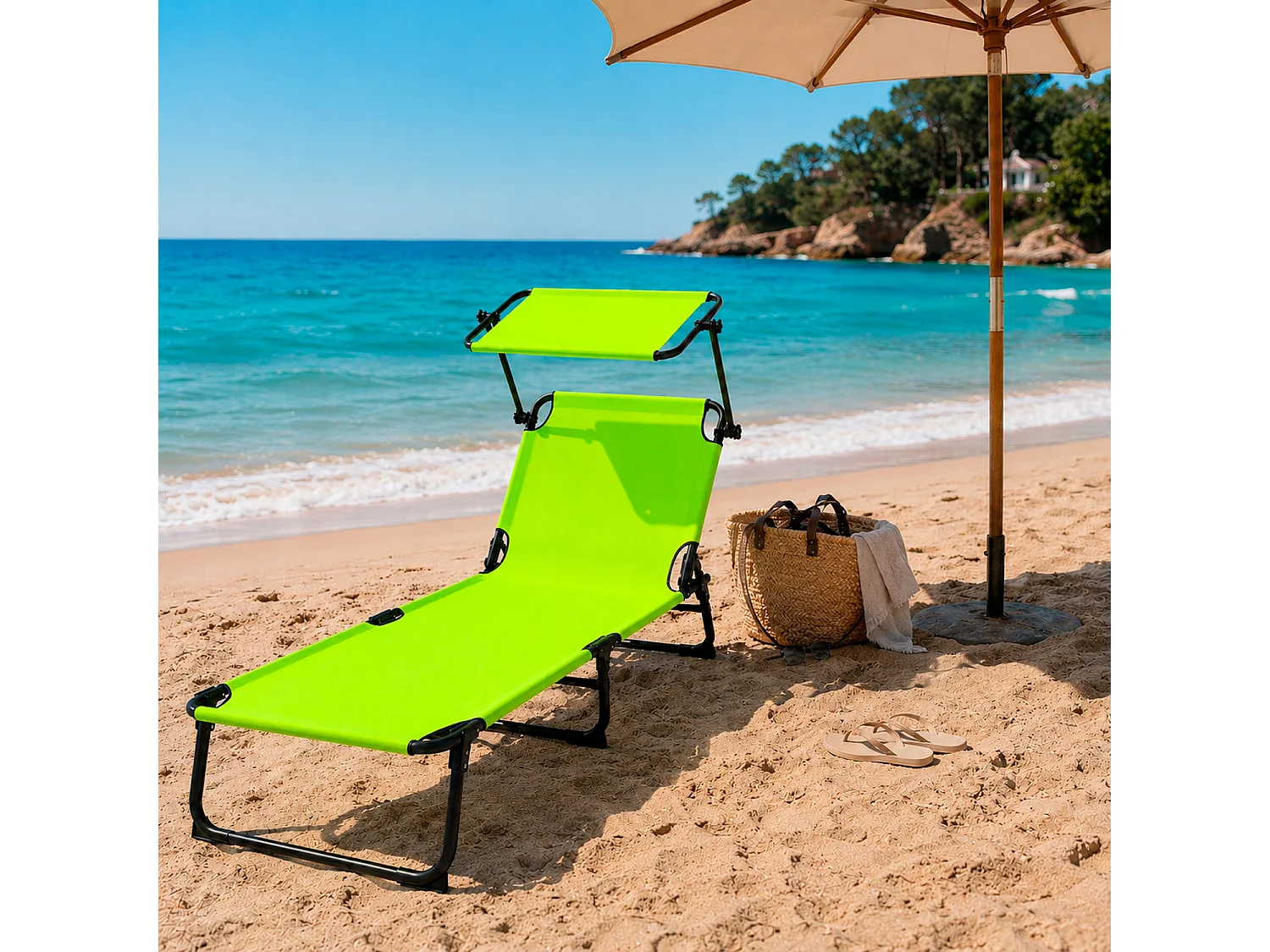 Coppia Di Lettini Mare Pieghevoli Con Parasole Regolabile Sdraio In Acciaio Traspirante Per Spiaggia Campeggio Giardino Relax 24 x 187 x 53 Cm Verde Fluo