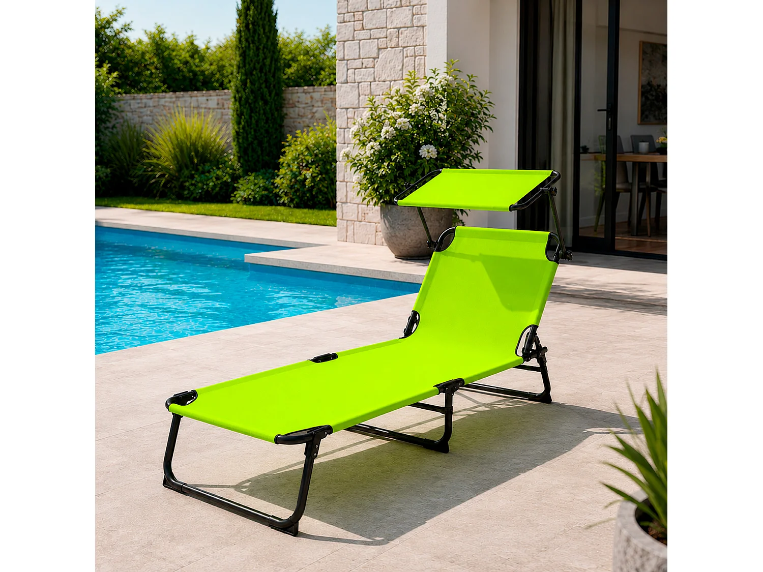 Coppia Di Lettini Mare Pieghevoli Con Parasole Regolabile Sdraio In Acciaio Traspirante Per Spiaggia Campeggio Giardino Relax 24 x 187 x 53 Cm Verde Fluo