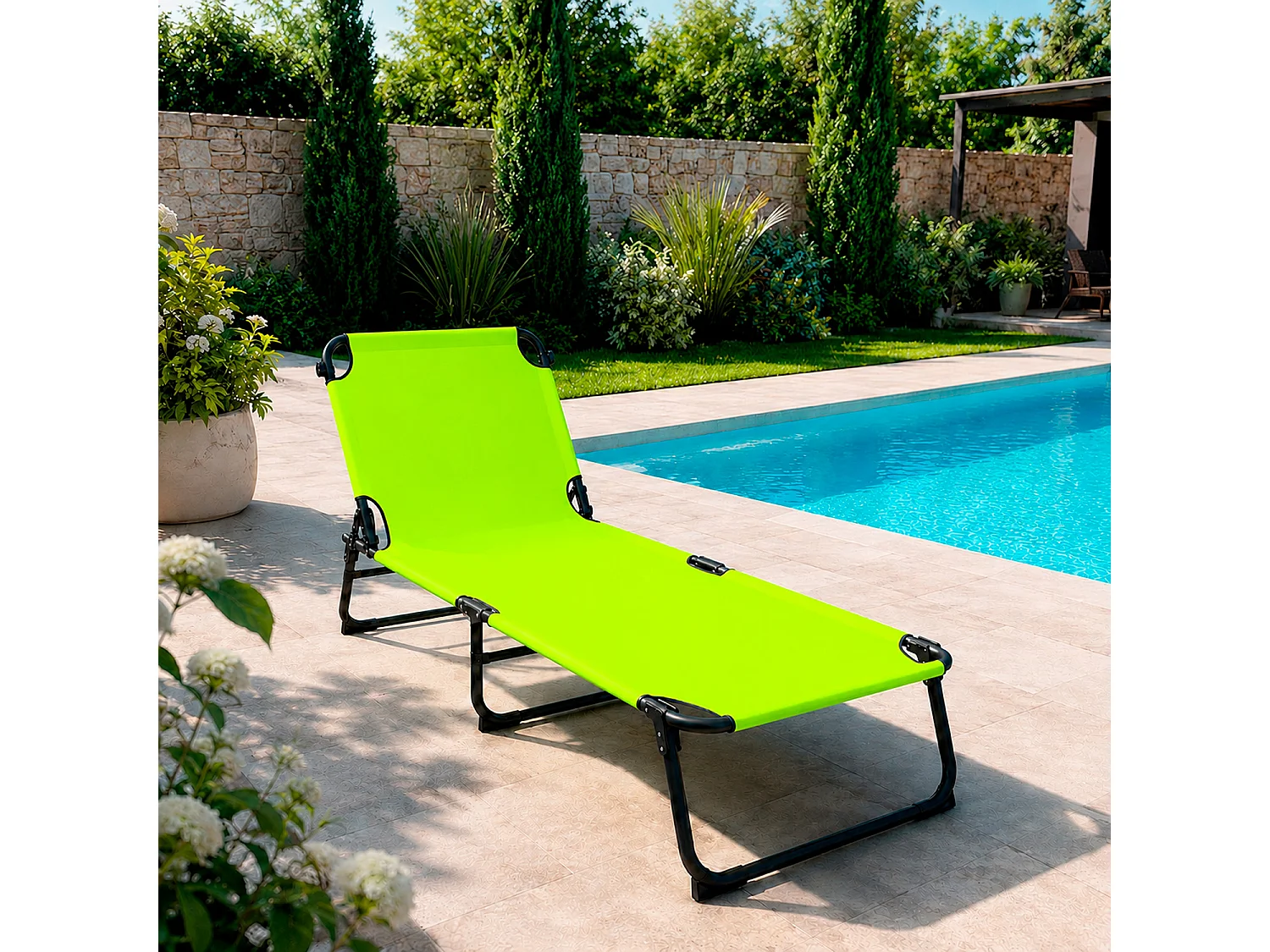 Lettino Da Mare Pieghevole Schienale Reclinabile Regolabile Struttura In Metallo Nero Per Spiaggia Campeggio Piscina 187 x 53 x 24 Cm (Verde Fluo)