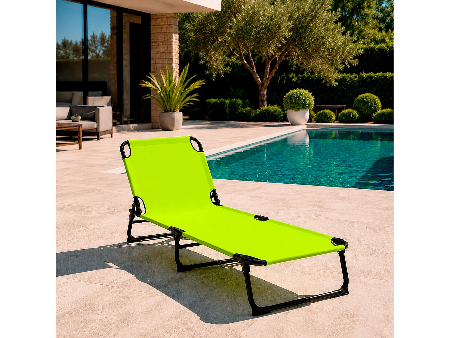 Lettino Da Mare Pieghevole Schienale Reclinabile Regolabile Struttura In Metallo Nero Per Spiaggia Campeggio Piscina 187 x 53 x 24 Cm (Verde Fluo)