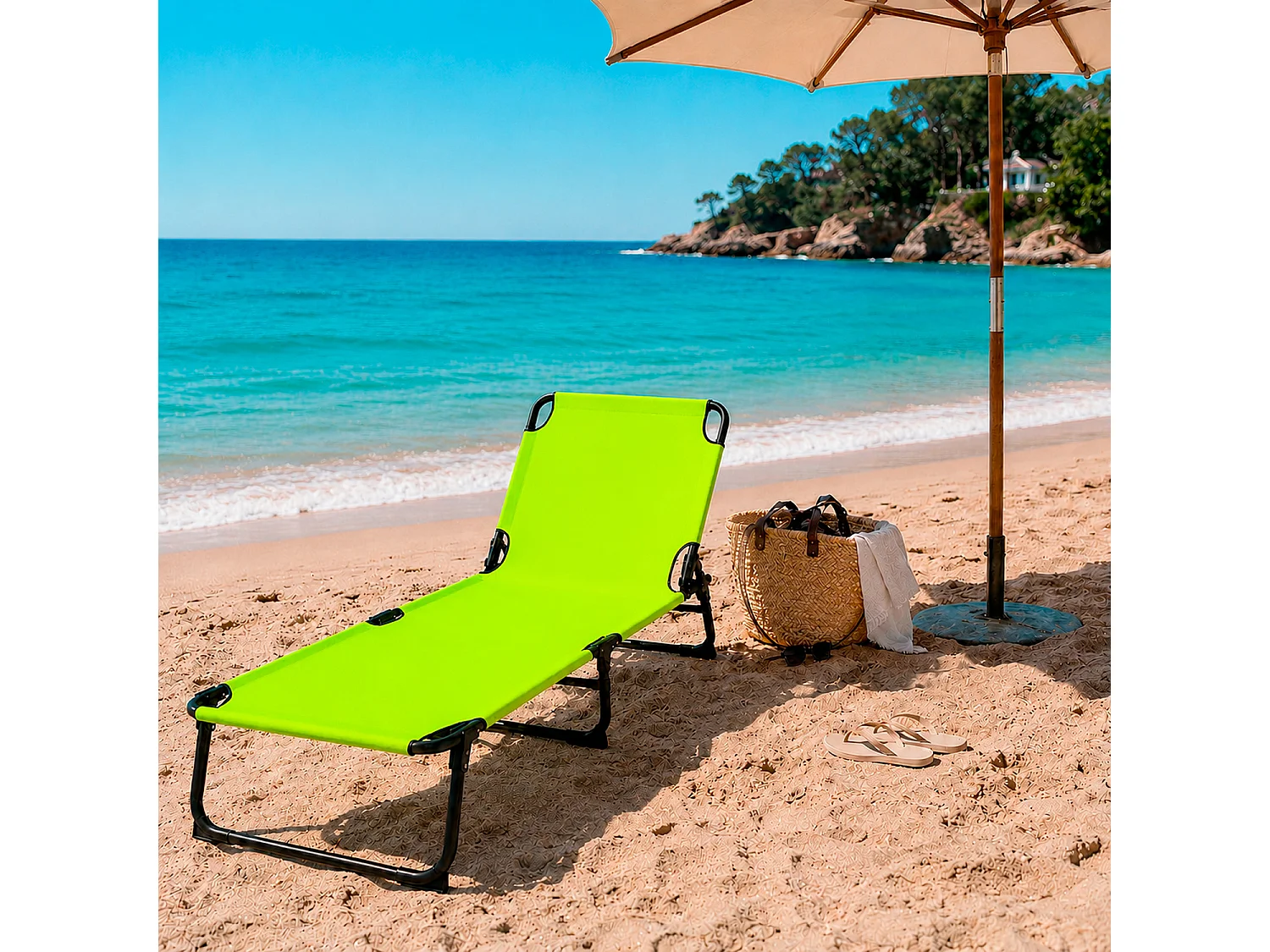 Lettino Da Mare Pieghevole Schienale Reclinabile Regolabile Struttura In Metallo Nero Per Spiaggia Campeggio Piscina 187 x 53 x 24 Cm (Verde Fluo)