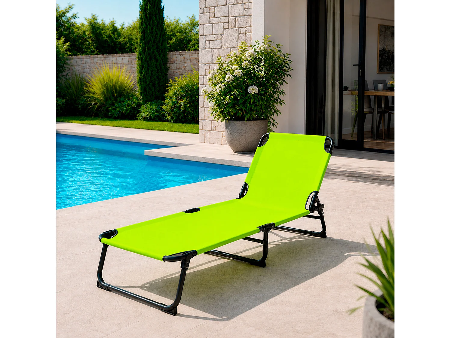 Lettino Da Mare Pieghevole Schienale Reclinabile Regolabile Struttura In Metallo Nero Per Spiaggia Campeggio Piscina 187 x 53 x 24 Cm (Verde Fluo)