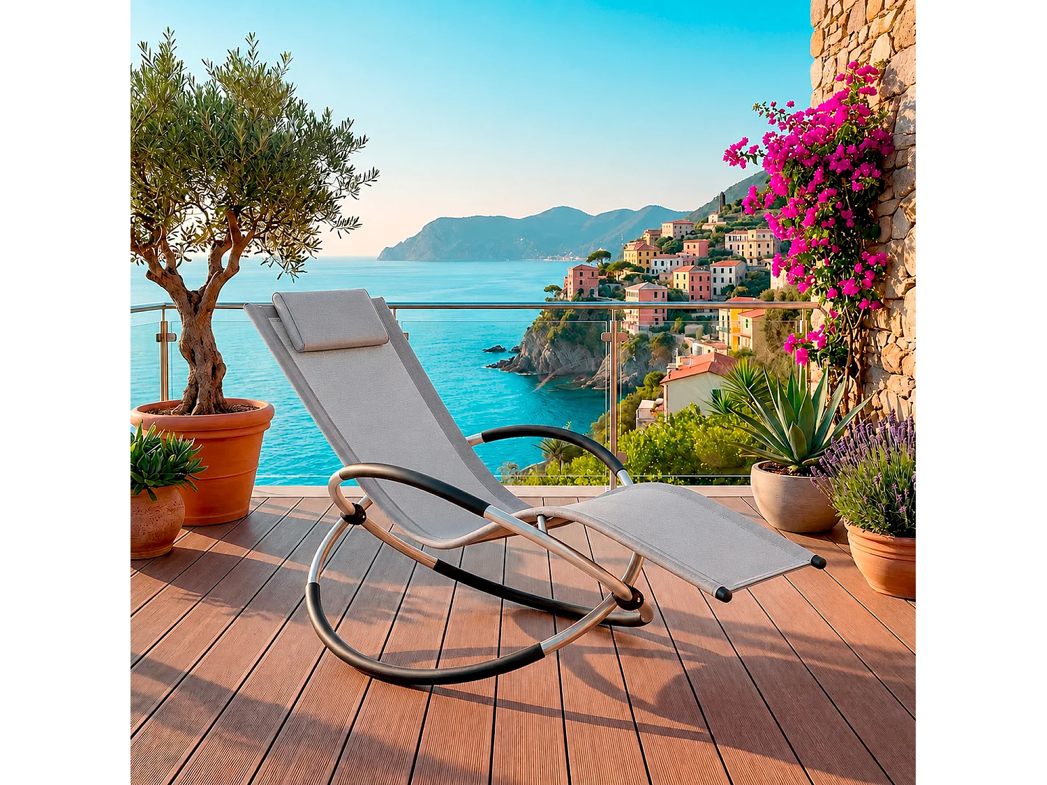 Sdraio Basculante Dondolo Con Poggiatesta Removibile In Textilene Telaio In Metallo Ergonomica Relax Outdoor Piscina 73 x 150 x 93 Cm Grigio