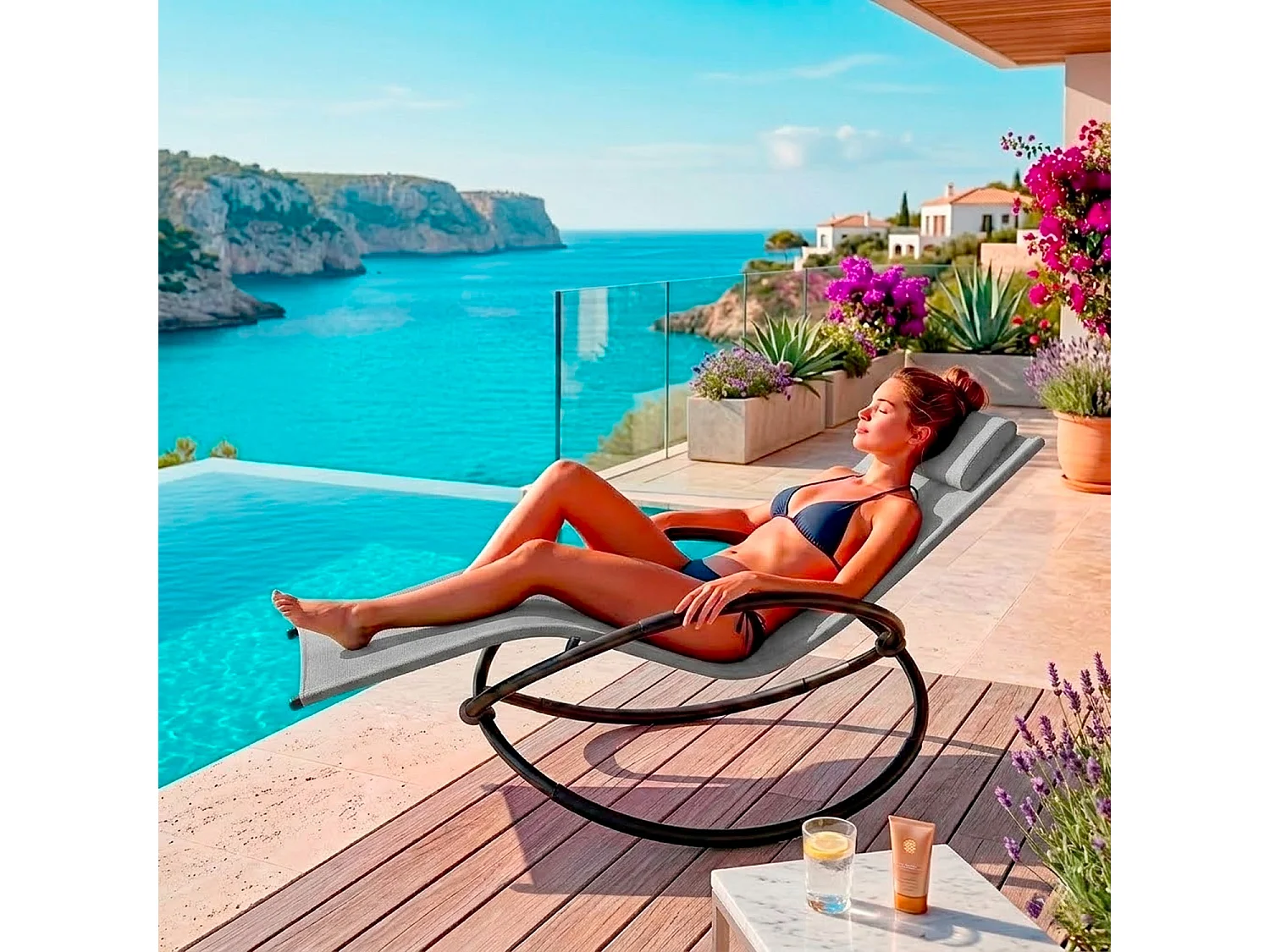 Sdraio Basculante Dondolo Con Poggiatesta Removibile In Textilene Telaio In Metallo Ergonomica Relax Outdoor Piscina 73 x 150 x 93 Cm Grigio