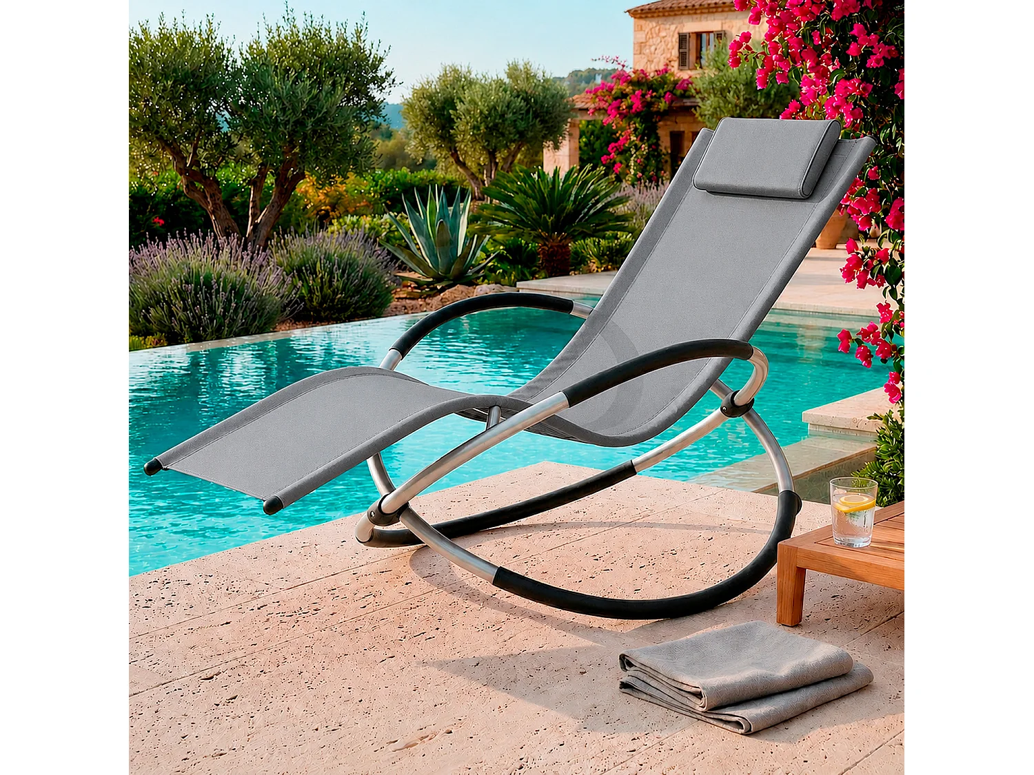 Sdraio Basculante Dondolo Con Poggiatesta Removibile In Textilene Telaio In Metallo Ergonomica Relax Outdoor Piscina 73 x 150 x 93 Cm Grigio