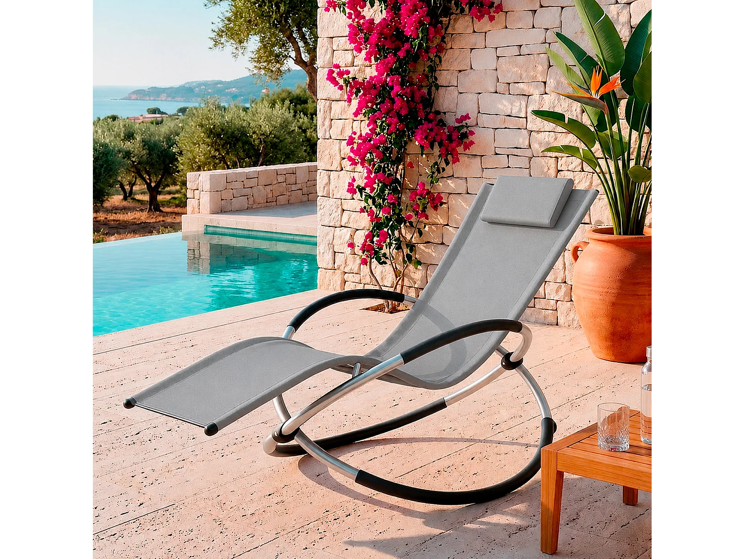 Sdraio Basculante Dondolo Con Poggiatesta Removibile In Textilene Telaio In Metallo Ergonomica Relax Outdoor Piscina 73 x 150 x 93 Cm Grigio