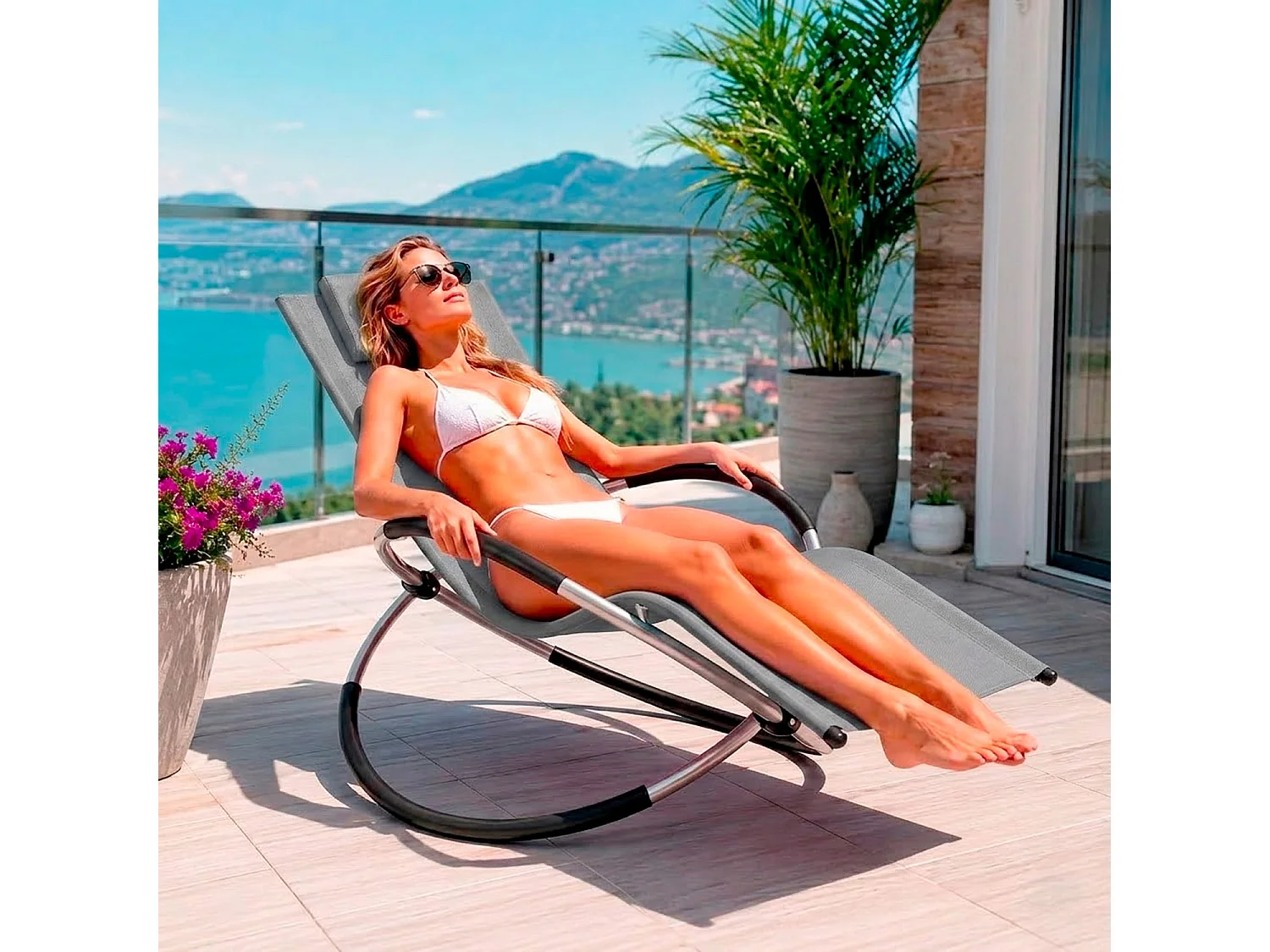 Sdraio Basculante Dondolo Con Poggiatesta Removibile In Textilene Telaio In Metallo Ergonomica Relax Outdoor Piscina 73 x 150 x 93 Cm Grigio