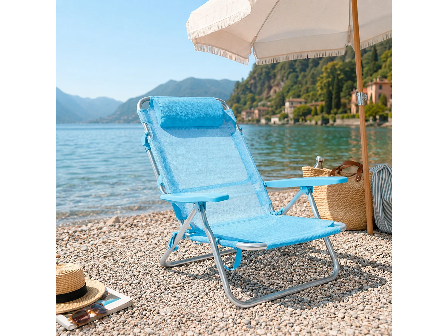 Spiaggina Pieghevole Con Telaio In Alluminio Seduta In Textilene Poggiatesta Integrato Braccioli Ergonomici Campeggio Outdoor 53 x 62 x 77 Cm Azzurro