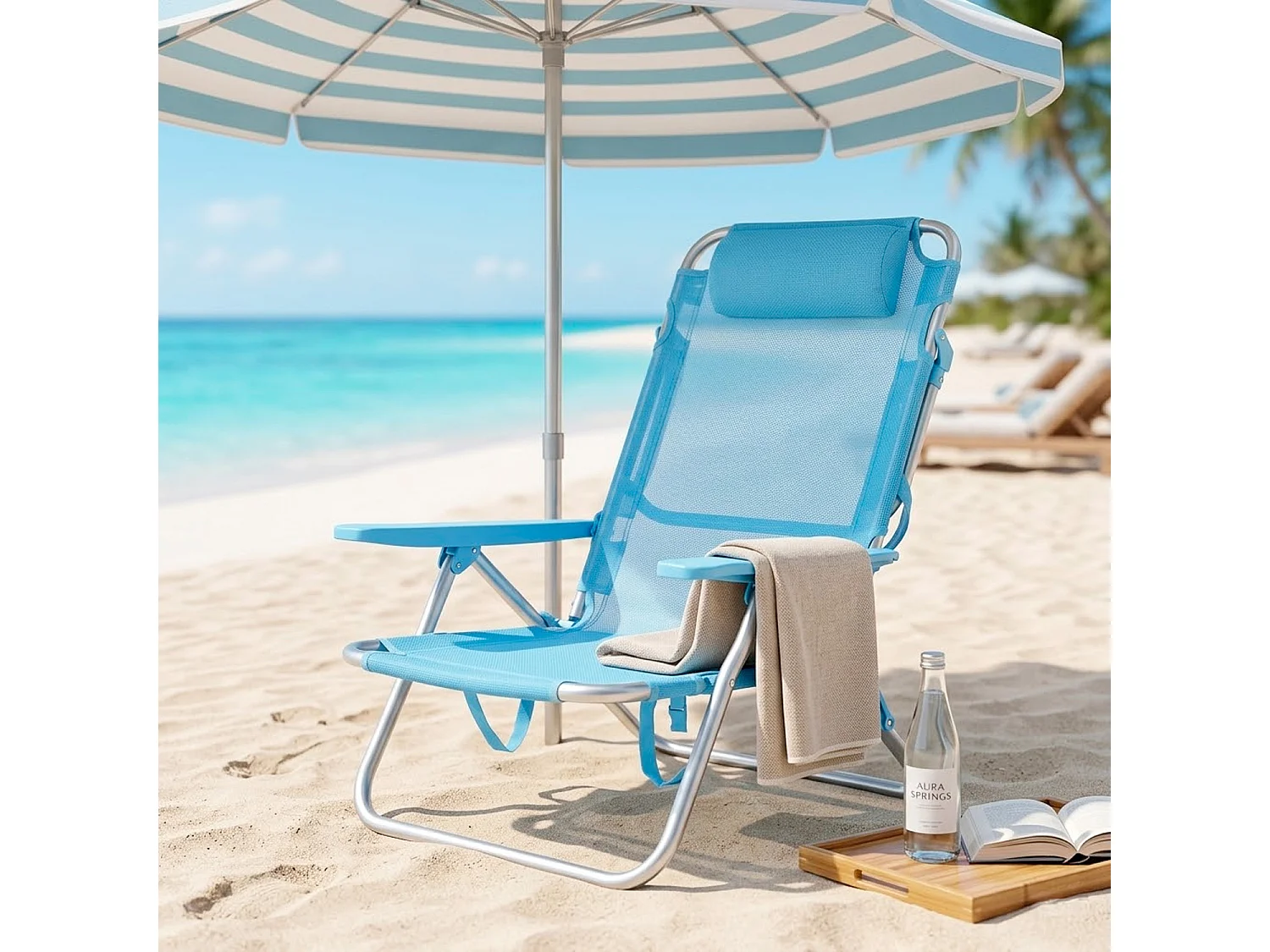 Spiaggina Pieghevole Con Telaio In Alluminio Seduta In Textilene Poggiatesta Integrato Braccioli Ergonomici Campeggio Outdoor 53 x 62 x 77 Cm Azzurro