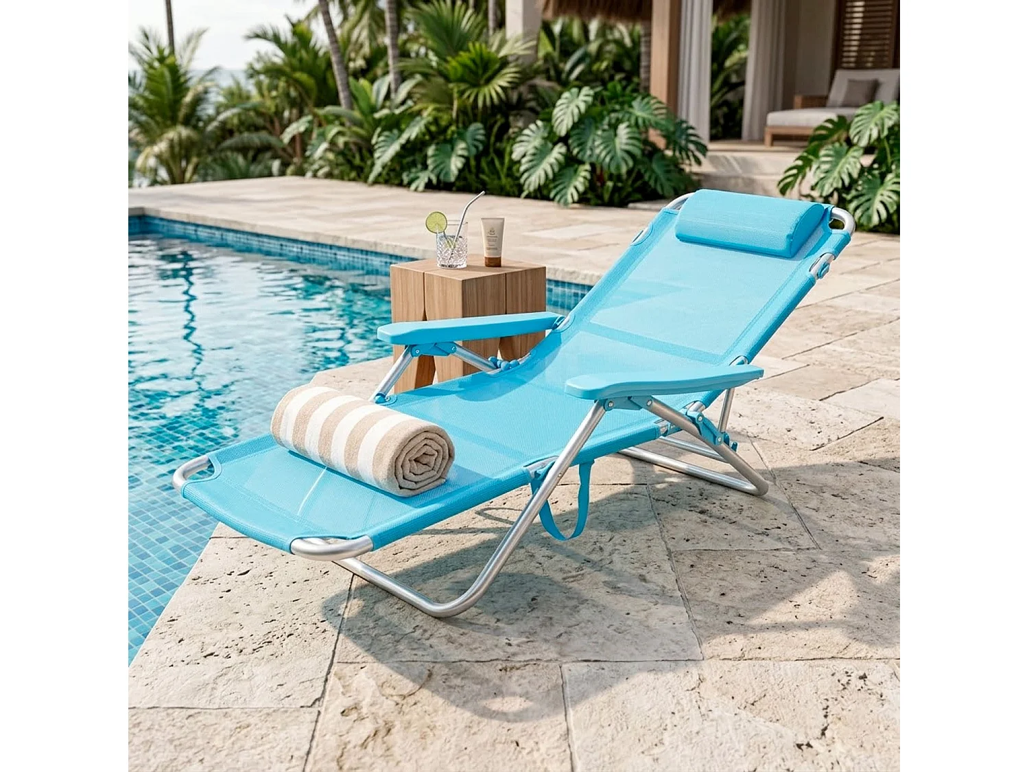 Spiaggina Pieghevole Con Telaio In Alluminio Seduta In Textilene Poggiatesta Integrato Braccioli Ergonomici Campeggio Outdoor 53 x 62 x 77 Cm Azzurro