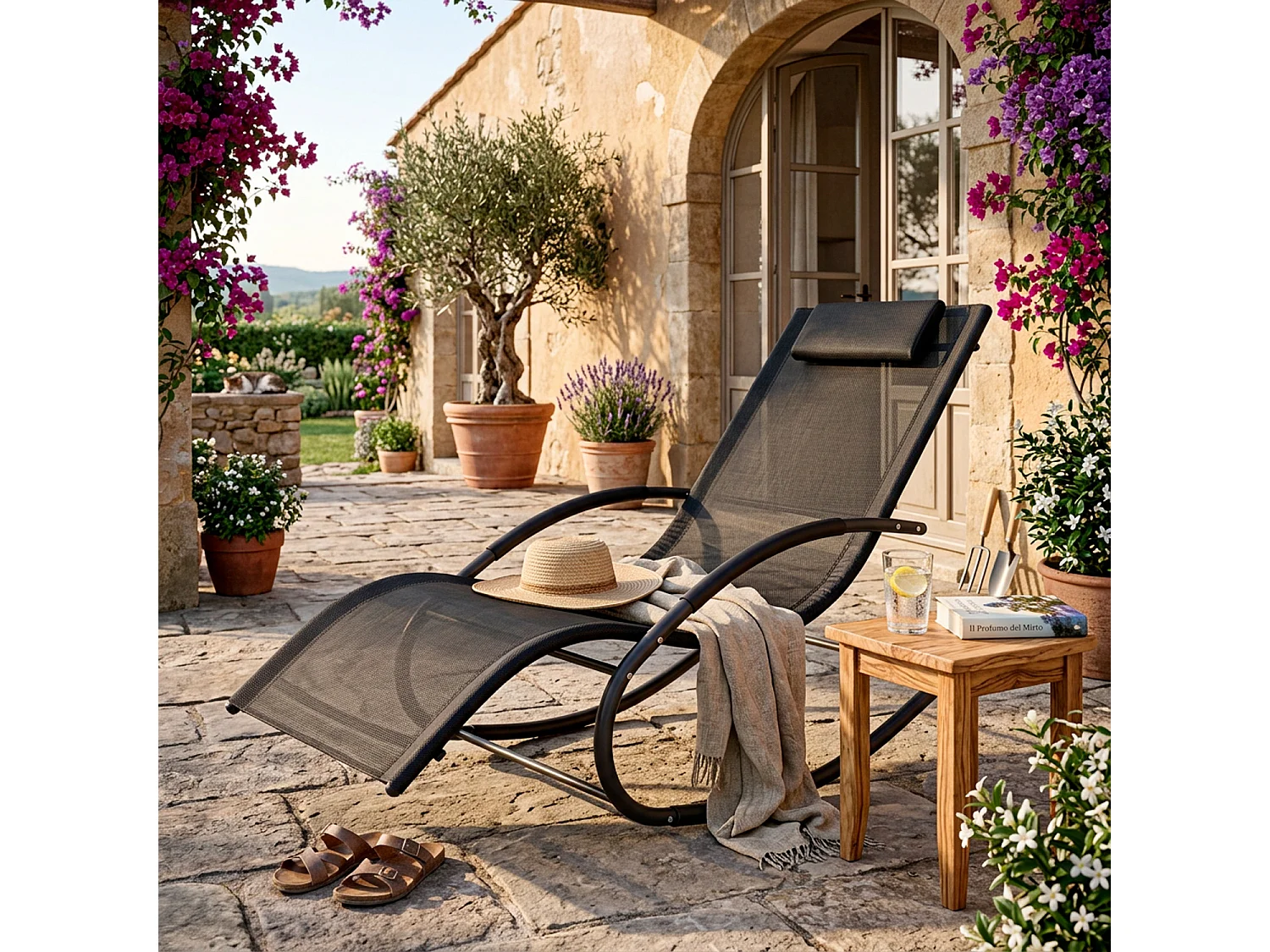 Sedia Relax Basculante Poltrona Ergonomica A Dondolo In Textilene Traspirante Per Giardino Piscina Veranda Outdoor 160 x 65 x 90 Cm Nero