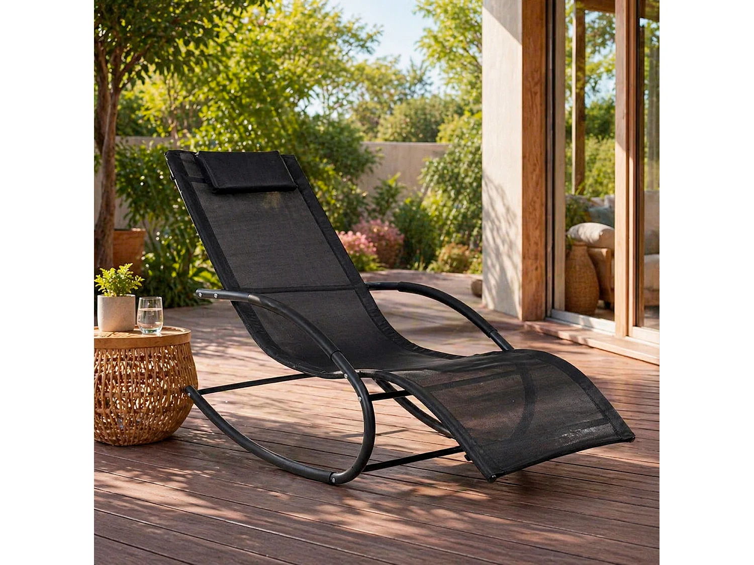 Sedia Relax Basculante Poltrona Ergonomica A Dondolo In Textilene Traspirante Per Giardino Piscina Veranda Outdoor 160 x 65 x 90 Cm Nero