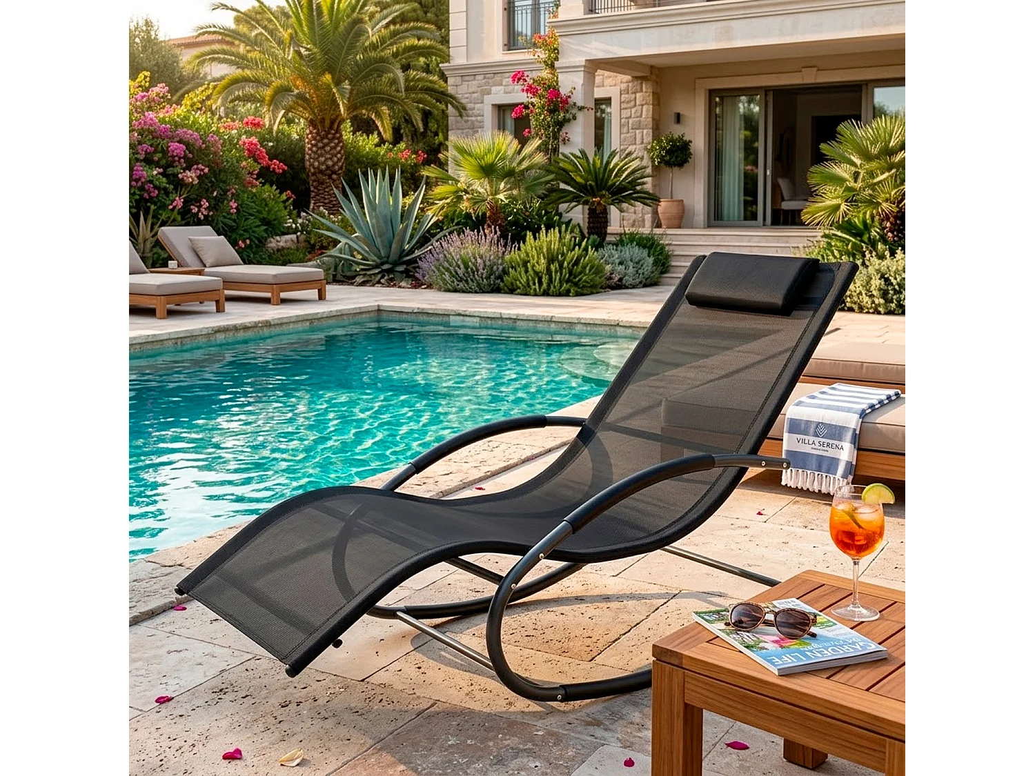 Sedia Relax Basculante Poltrona Ergonomica A Dondolo In Textilene Traspirante Per Giardino Piscina Veranda Outdoor 160 x 65 x 90 Cm Nero