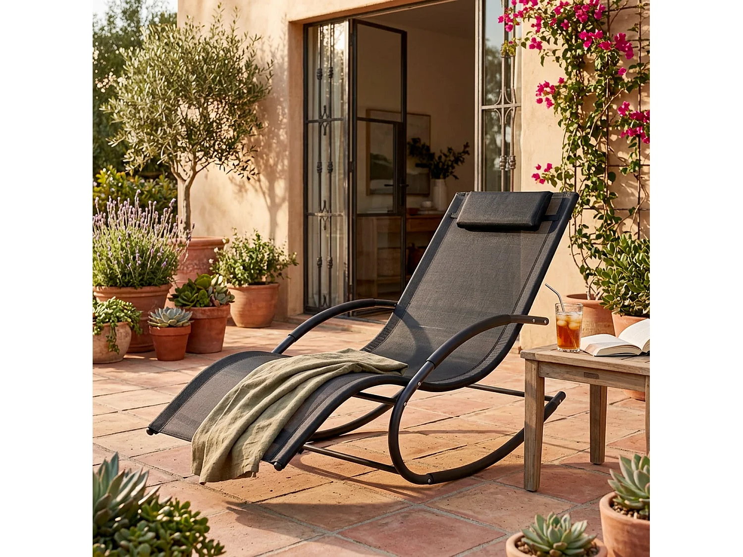 Sedia Relax Basculante Poltrona Ergonomica A Dondolo In Textilene Traspirante Per Giardino Piscina Veranda Outdoor 160 x 65 x 90 Cm Nero
