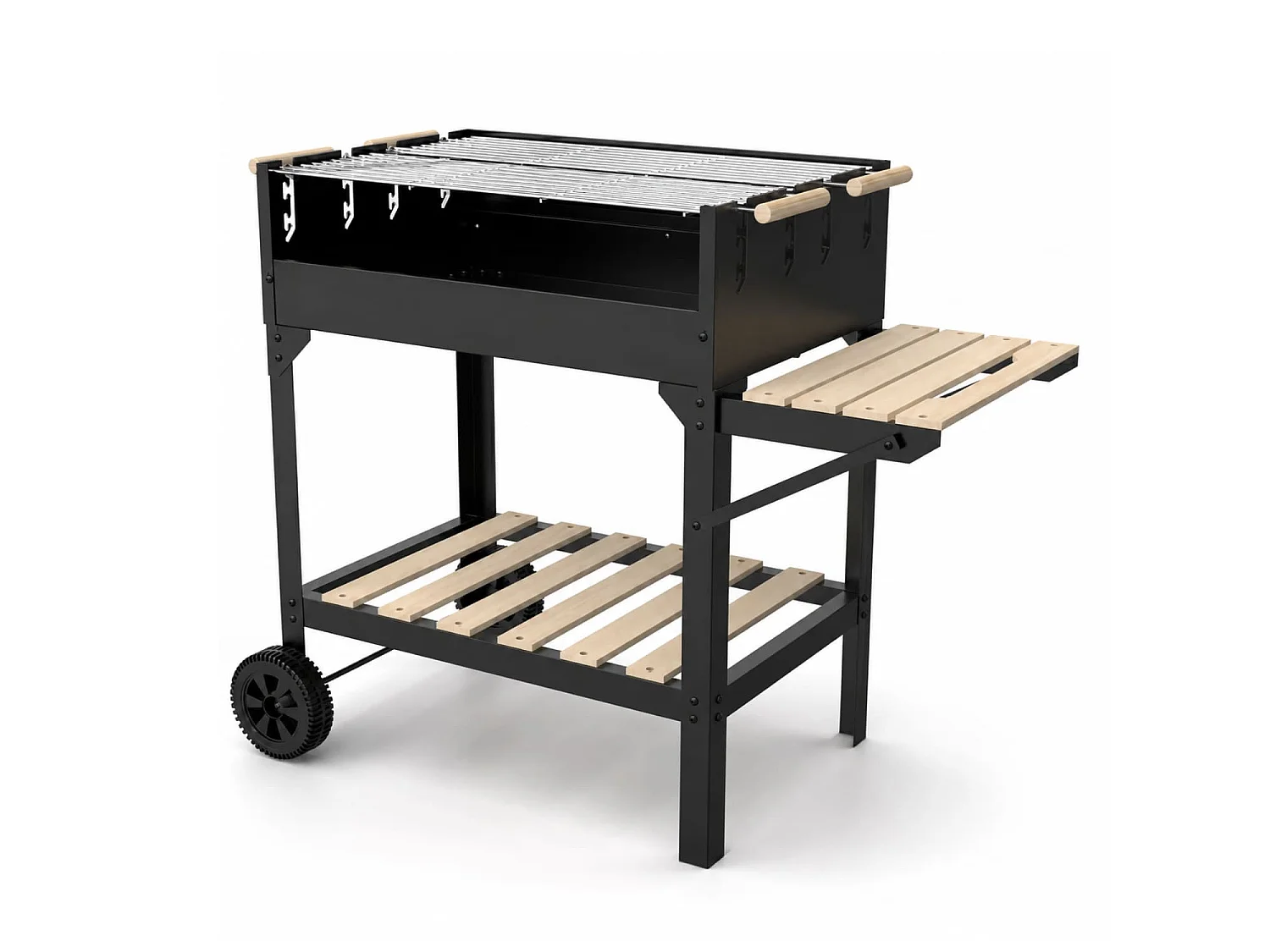 Barbecue A Carbone Con Griglia Regolabile In Altezza Ripiano Laterale E Inferiore Telaio In Acciaio Con Ruote Per Cotture In Giardino 122 x 53 x 100 Cm Nero