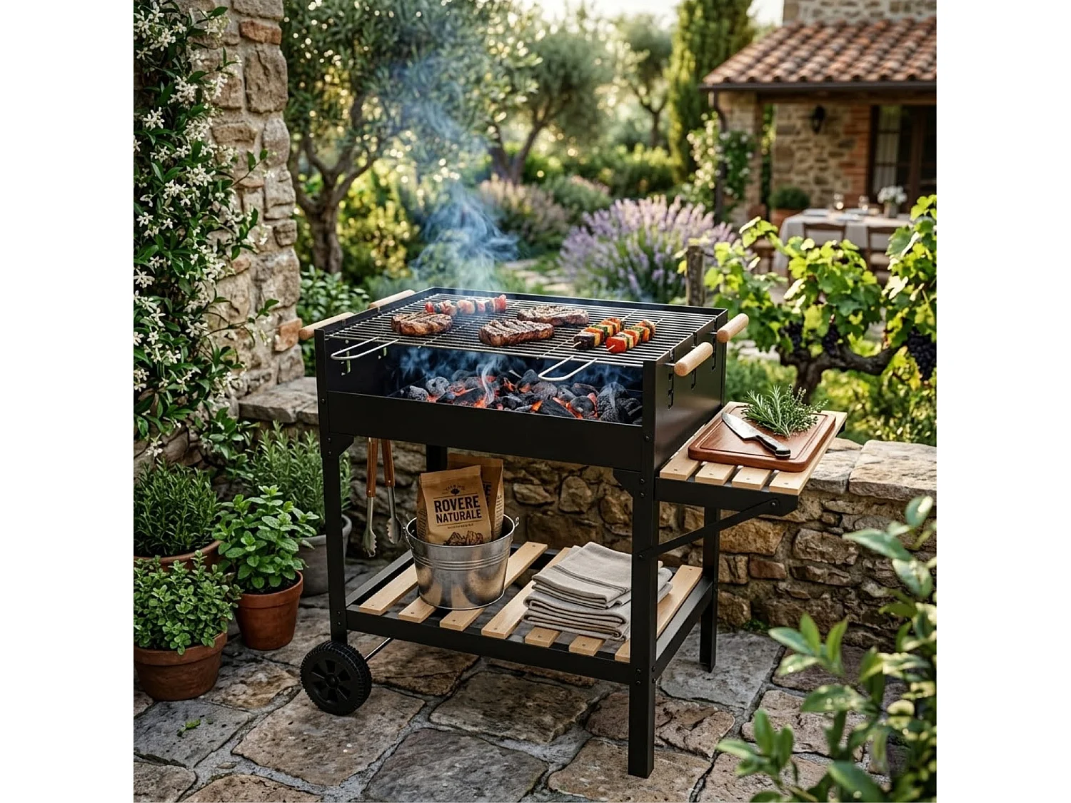 Barbecue A Carbone Con Griglia Regolabile In Altezza Ripiano Laterale E Inferiore Telaio In Acciaio Con Ruote Per Cotture In Giardino 122 x 53 x 100 Cm Nero