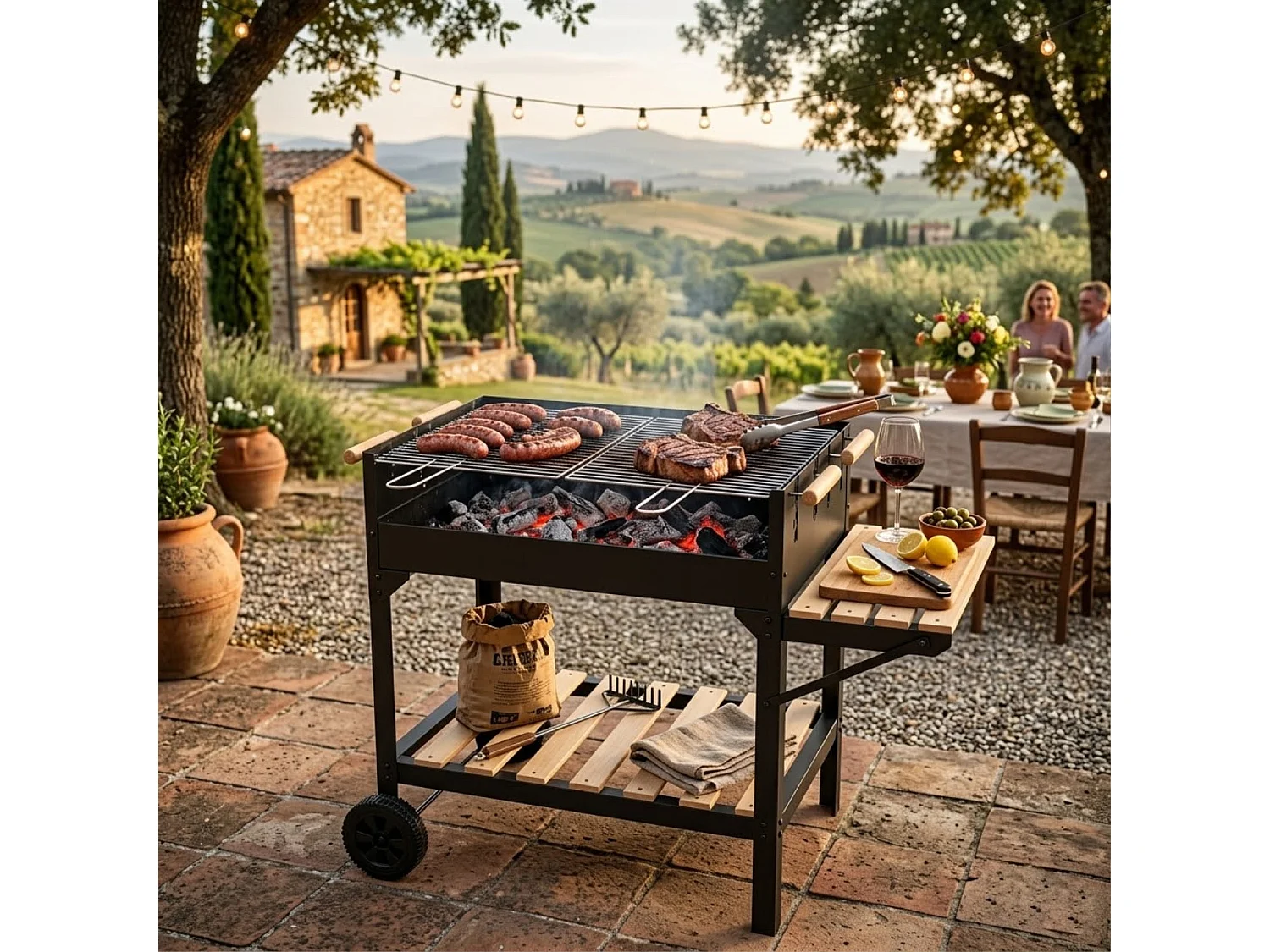 Barbecue A Carbone Con Griglia Regolabile In Altezza Ripiano Laterale E Inferiore Telaio In Acciaio Con Ruote Per Cotture In Giardino 122 x 53 x 100 Cm Nero