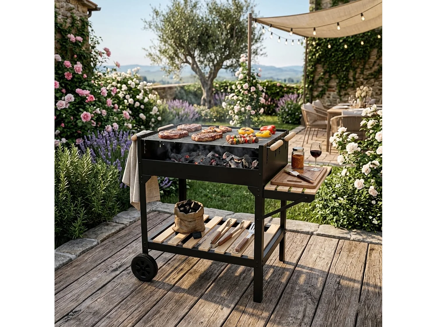 Barbecue A Carbone Con Griglia Regolabile In Altezza Ripiano Laterale E Inferiore Telaio In Acciaio Con Ruote Per Cotture In Giardino 122 x 53 x 100 Cm Nero