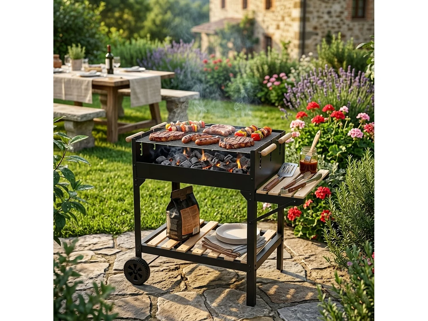 Barbecue A Carbone Con Griglia Regolabile In Altezza Ripiano Laterale E Inferiore Telaio In Acciaio Con Ruote Per Cotture In Giardino 122 x 53 x 100 Cm Nero