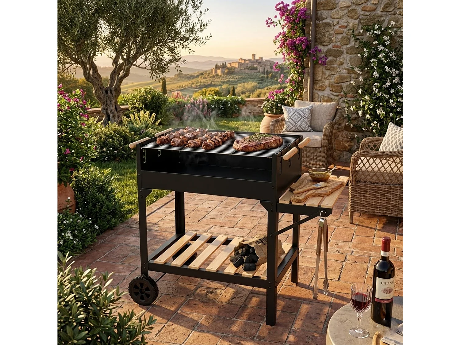 Barbecue A Carbone Con Griglia Regolabile In Altezza Ripiano Laterale E Inferiore Telaio In Acciaio Con Ruote Per Cotture In Giardino 122 x 53 x 100 Cm Nero