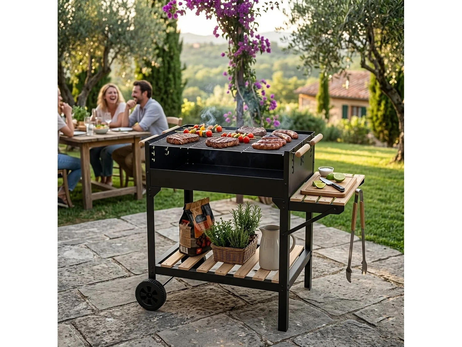Barbecue A Carbone Con Griglia Regolabile In Altezza Ripiano Laterale E Inferiore Telaio In Acciaio Con Ruote Per Cotture In Giardino 122 x 53 x 100 Cm Nero