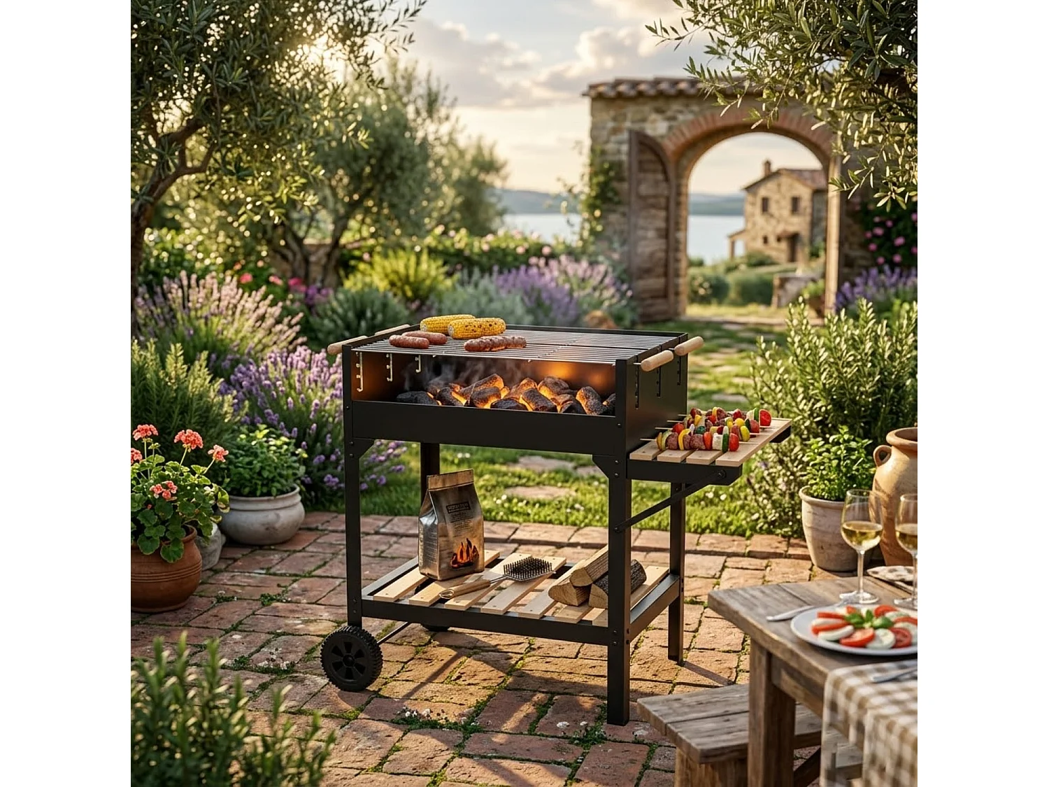 Barbecue A Carbone Con Griglia Regolabile In Altezza Ripiano Laterale E Inferiore Telaio In Acciaio Con Ruote Per Cotture In Giardino 122 x 53 x 100 Cm Nero