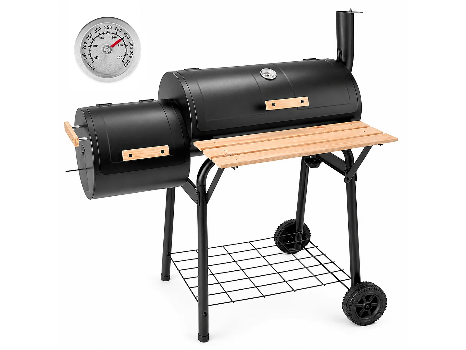  Barbecue A Carbone Con Affumicatore Laterale BBQ Con Termometro Coperchio Griglie Cromate Ripiano Maniglie E Ruote Per Giardino E Terrazzo 109.5 x 59 x 116 Cm Nero