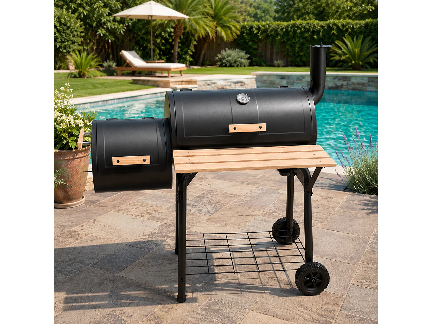 Barbecue A Carbone Con Affumicatore Laterale BBQ Con Termometro Coperchio Griglie Cromate Ripiano Maniglie E Ruote Per Giardino E Terrazzo 109.5 x 59 x 116 Cm Nero