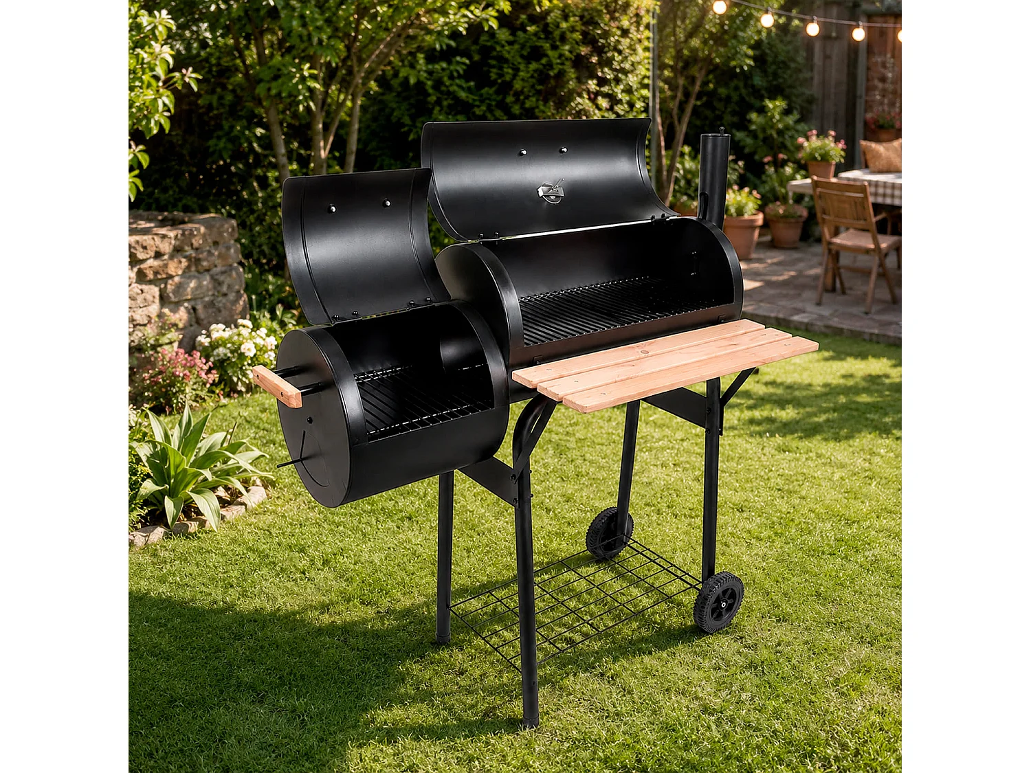  Barbecue A Carbone Con Affumicatore Laterale BBQ Con Termometro Coperchio Griglie Cromate Ripiano Maniglie E Ruote Per Giardino E Terrazzo 109.5 x 59 x 116 Cm Nero