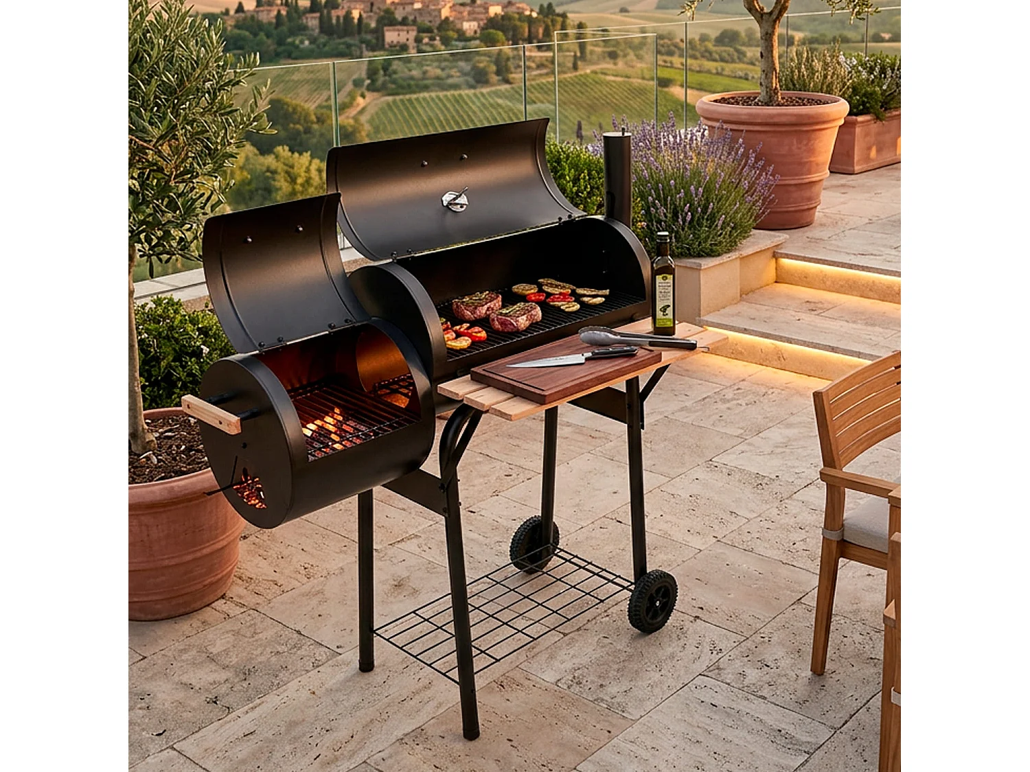  Barbecue A Carbone Con Affumicatore Laterale BBQ Con Termometro Coperchio Griglie Cromate Ripiano Maniglie E Ruote Per Giardino E Terrazzo 109.5 x 59 x 116 Cm Nero
