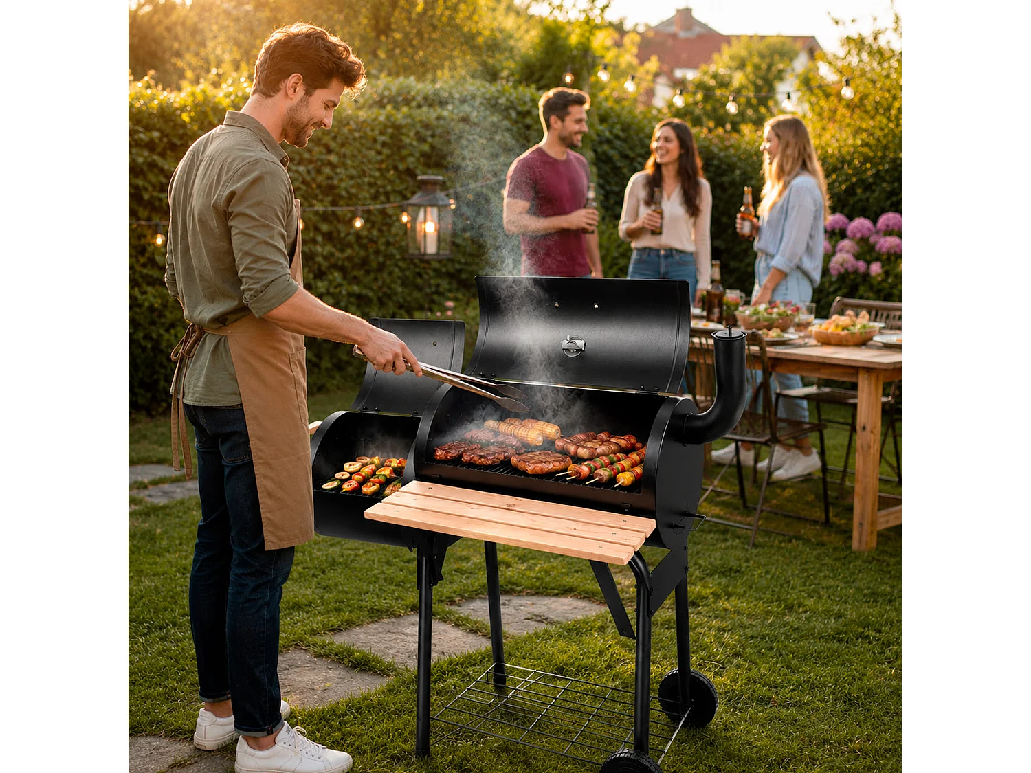  Barbecue A Carbone Con Affumicatore Laterale BBQ Con Termometro Coperchio Griglie Cromate Ripiano Maniglie E Ruote Per Giardino E Terrazzo 109.5 x 59 x 116 Cm Nero