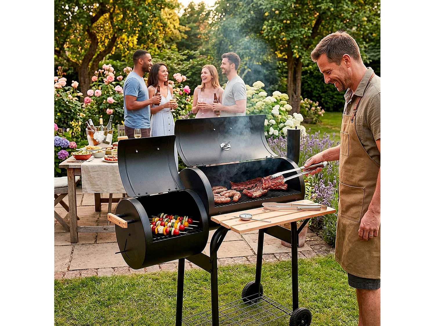  Barbecue A Carbone Con Affumicatore Laterale BBQ Con Termometro Coperchio Griglie Cromate Ripiano Maniglie E Ruote Per Giardino E Terrazzo 109.5 x 59 x 116 Cm Nero