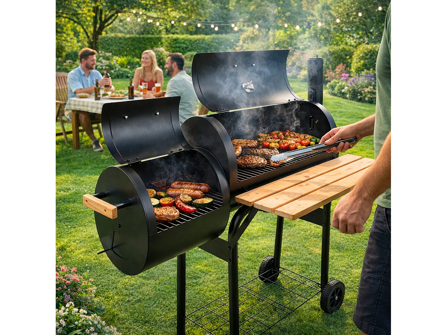  Barbecue A Carbone Con Affumicatore Laterale BBQ Con Termometro Coperchio Griglie Cromate Ripiano Maniglie E Ruote Per Giardino E Terrazzo 109.5 x 59 x 116 Cm Nero