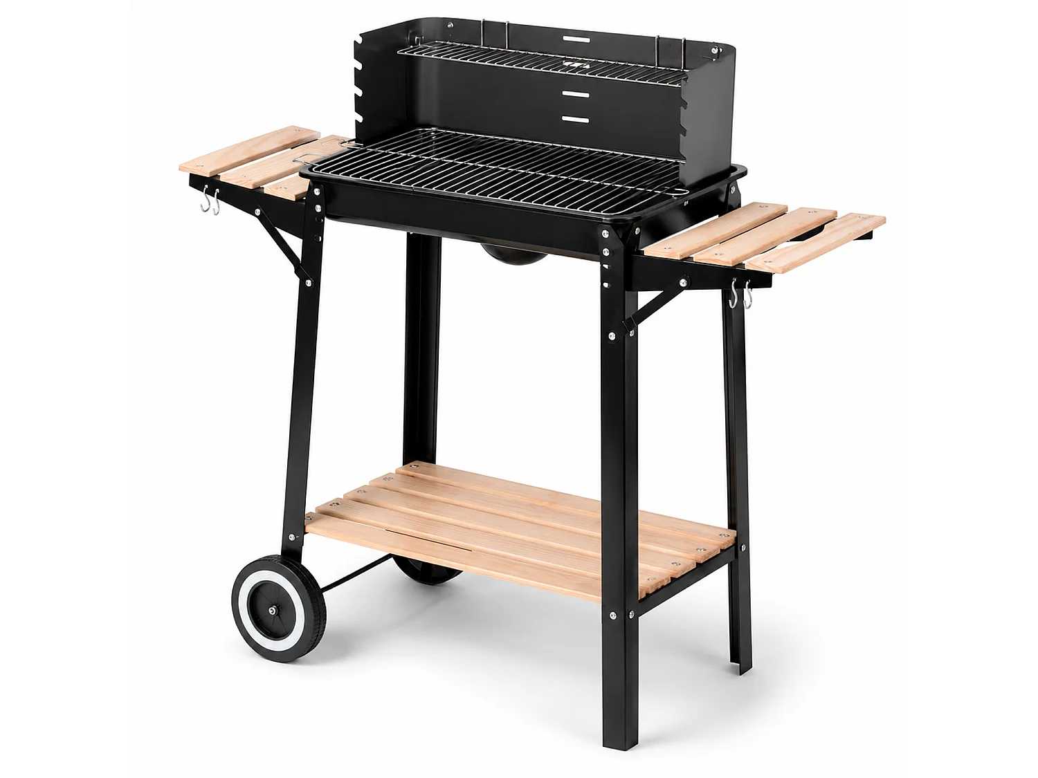 Barbecue A Carbone Con Griglia E Paravento Antivento Ripiani Laterali Legno Ganci Porta Utensili E Ruote Ideale Giardino Campeggio 94 x 40 x 84 Cm Nero
