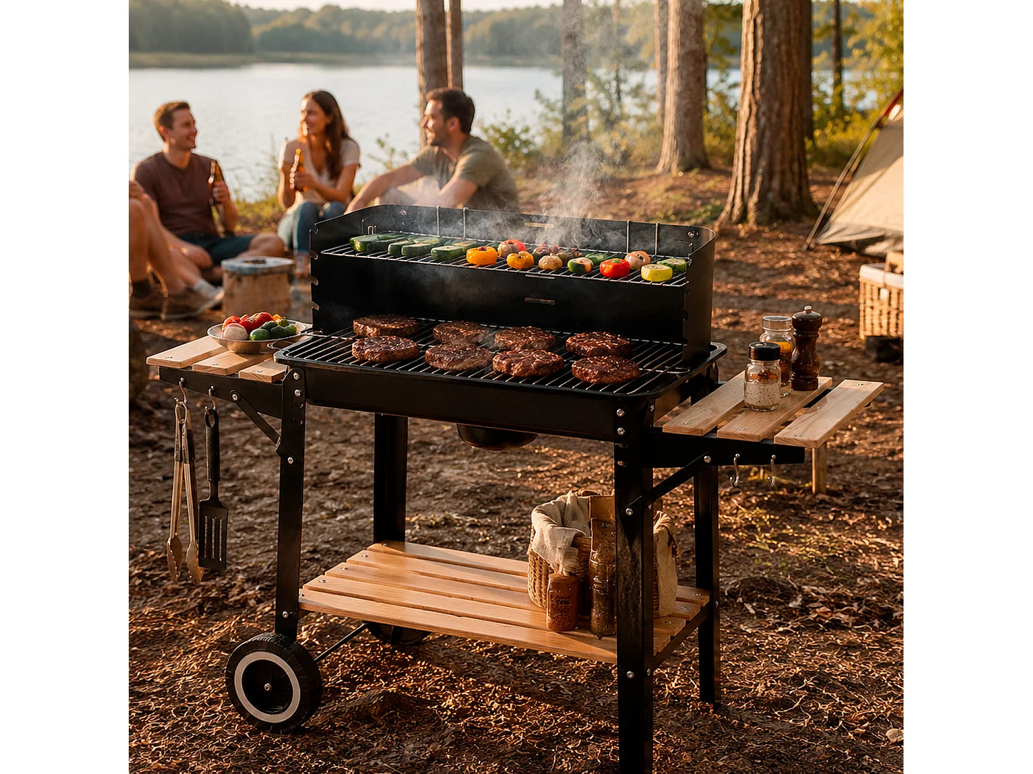 Barbecue A Carbone Con Griglia E Paravento Antivento Ripiani Laterali Legno Ganci Porta Utensili E Ruote Ideale Giardino Campeggio 94 x 40 x 84 Cm Nero